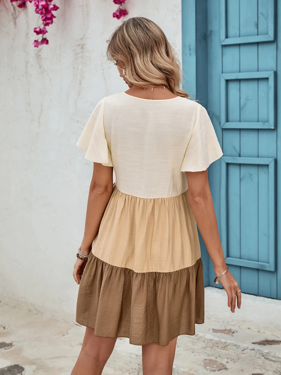 Charming Tri-Tone Carmel Ruffle Mini Dress w/ V-Neck & Flutter Sleeve