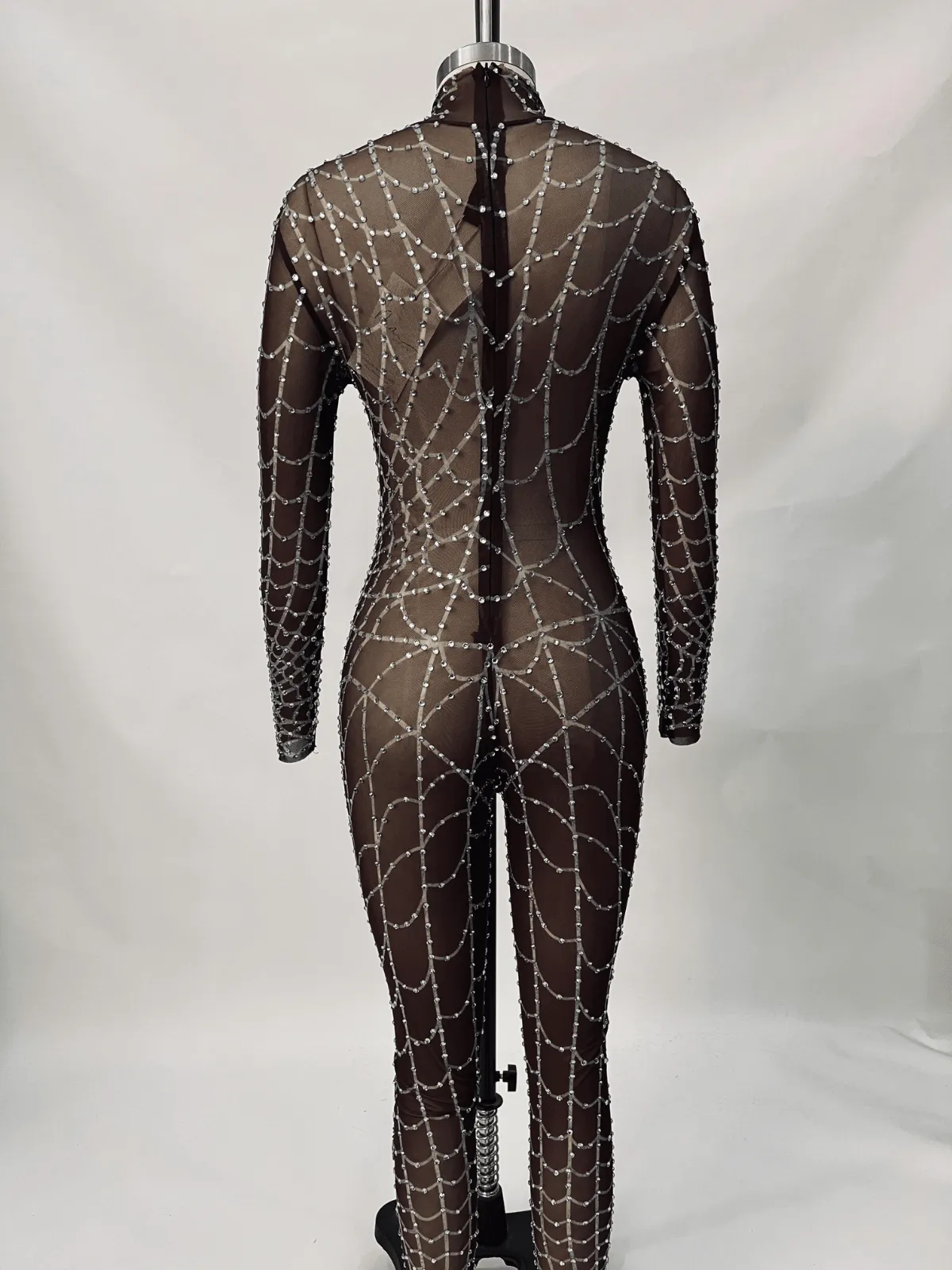 Chic Chocolate Octavia Jumpsuit with Elegant Cobweb Print Embellishments
