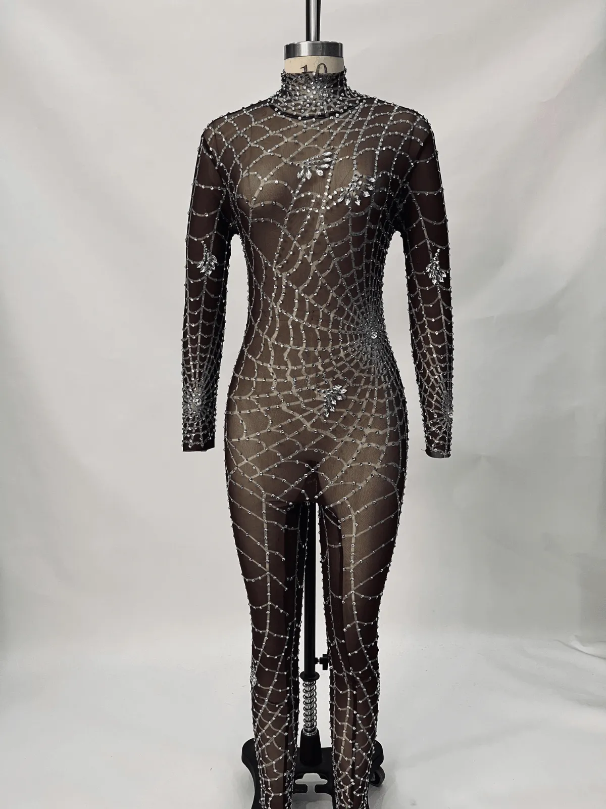 Chic Chocolate Octavia Jumpsuit with Elegant Cobweb Print Embellishments