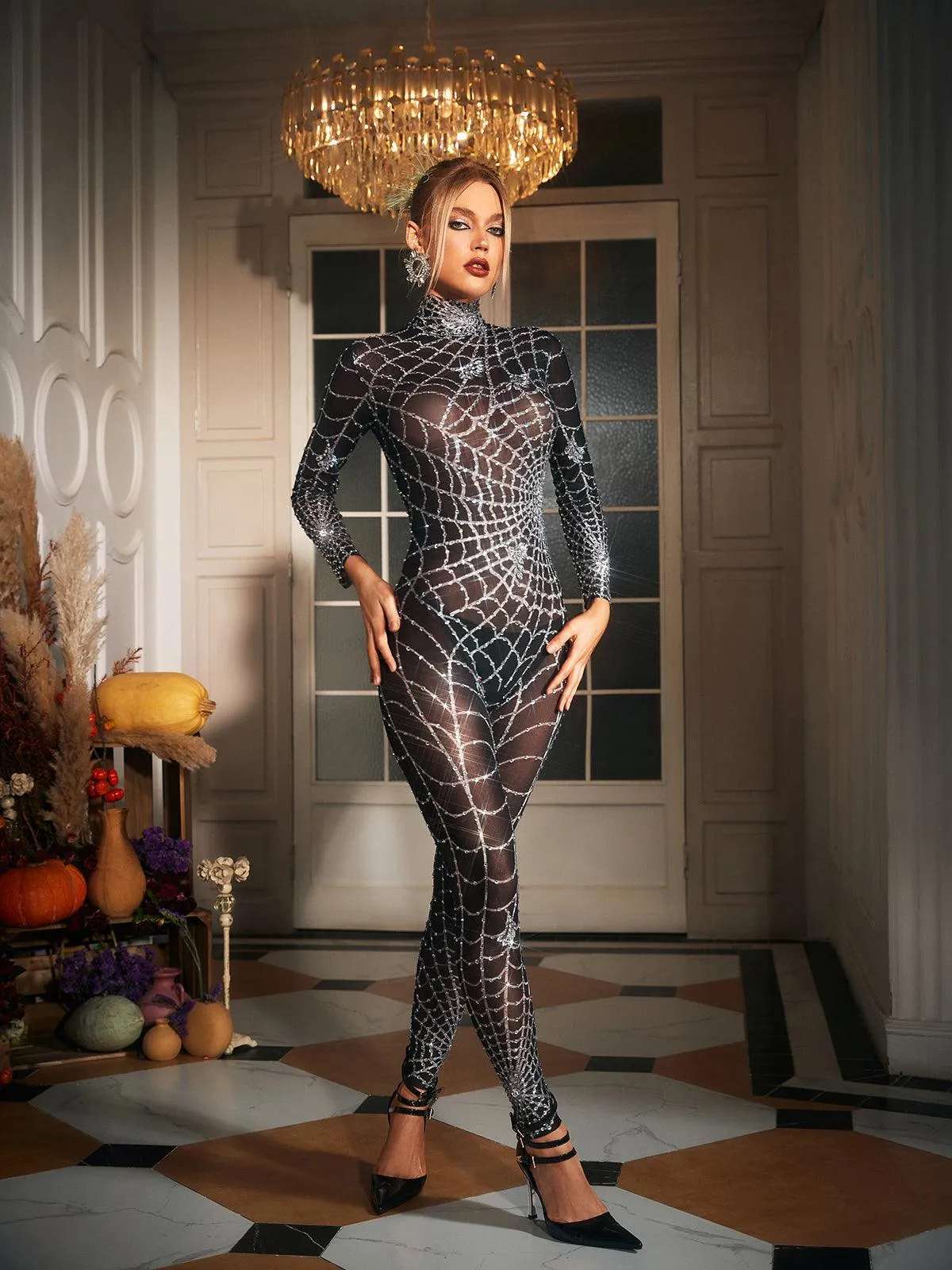 Chic Chocolate Octavia Jumpsuit with Elegant Cobweb Print Embellishments