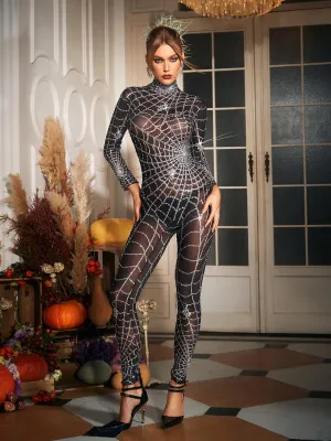 Chic Chocolate Octavia Jumpsuit with Elegant Cobweb Print Embellishments