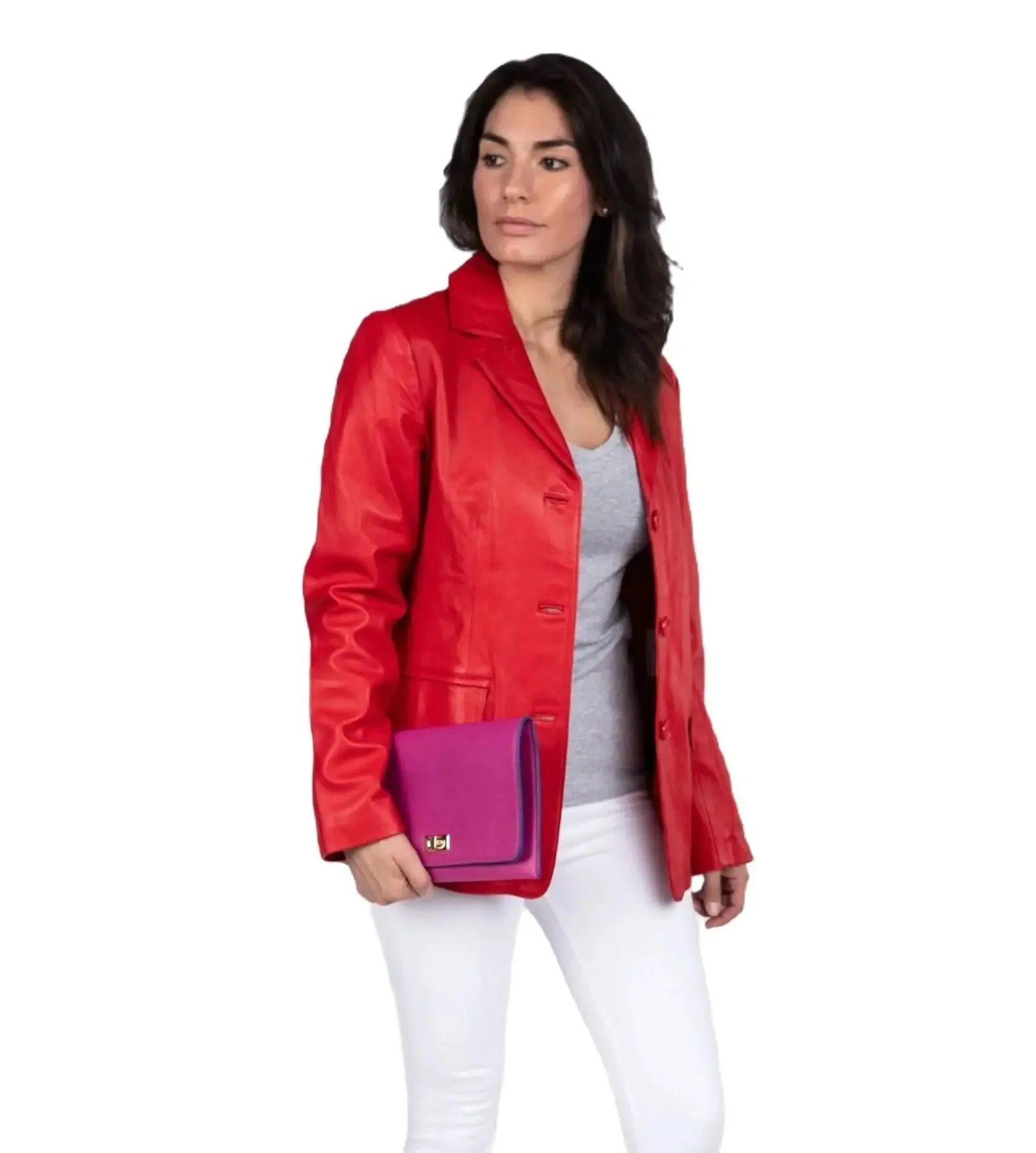 Chic Lipstick Red Women's Leather Blazer with 3 Buttons and Functional Pockets