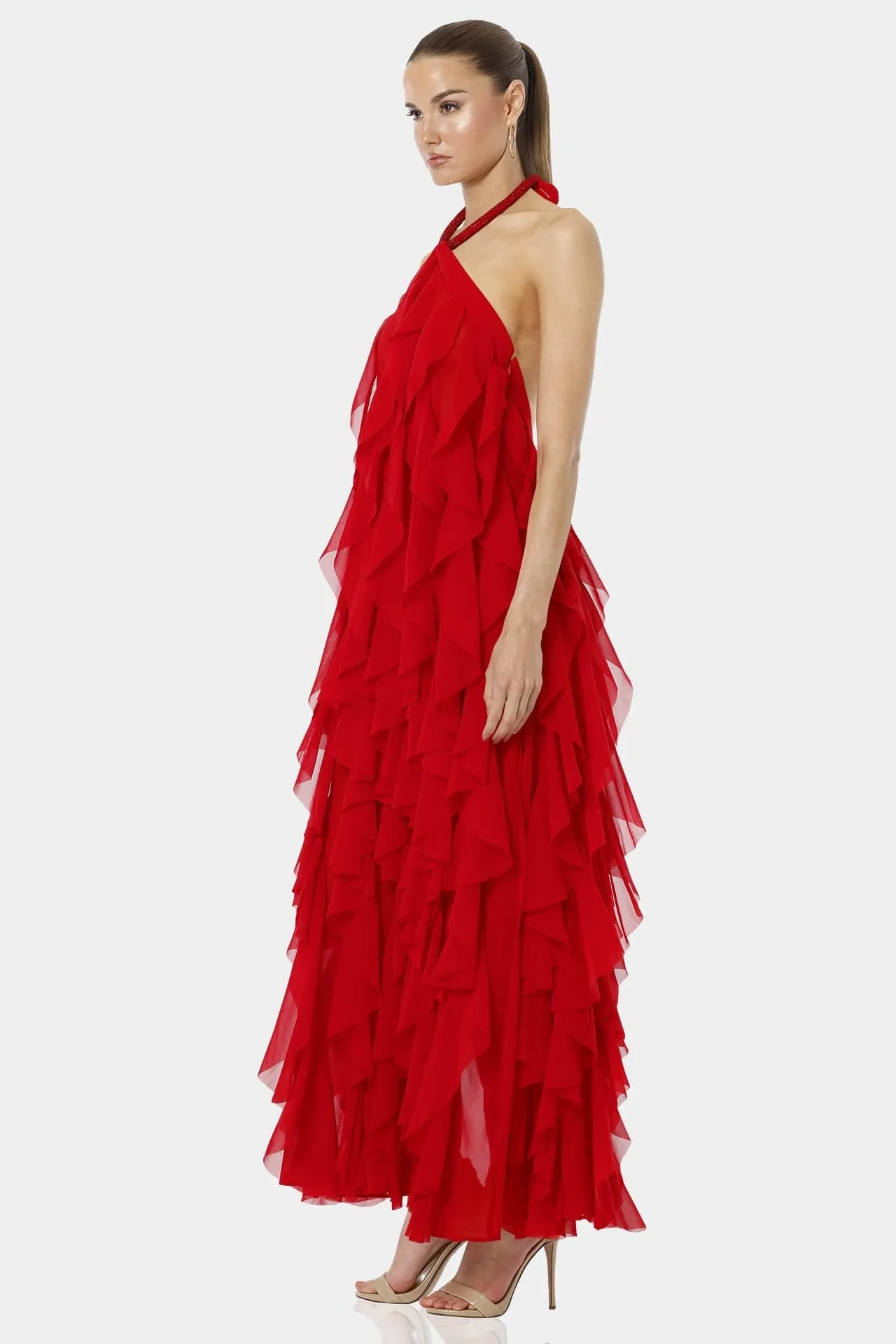 Chili Red Floor Length Backless Ruffle Dress
