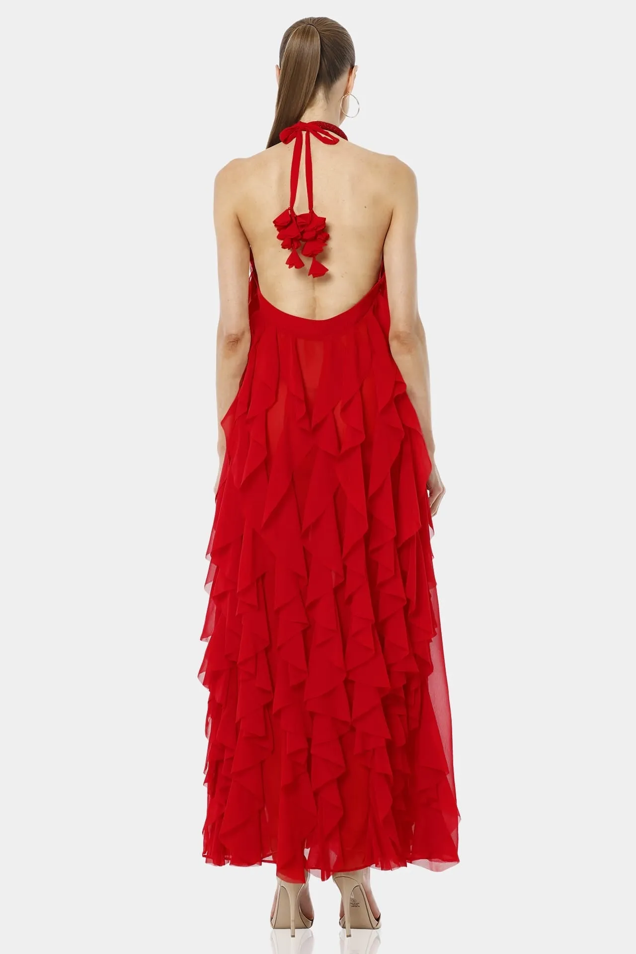 Chili Red Floor Length Backless Ruffle Dress