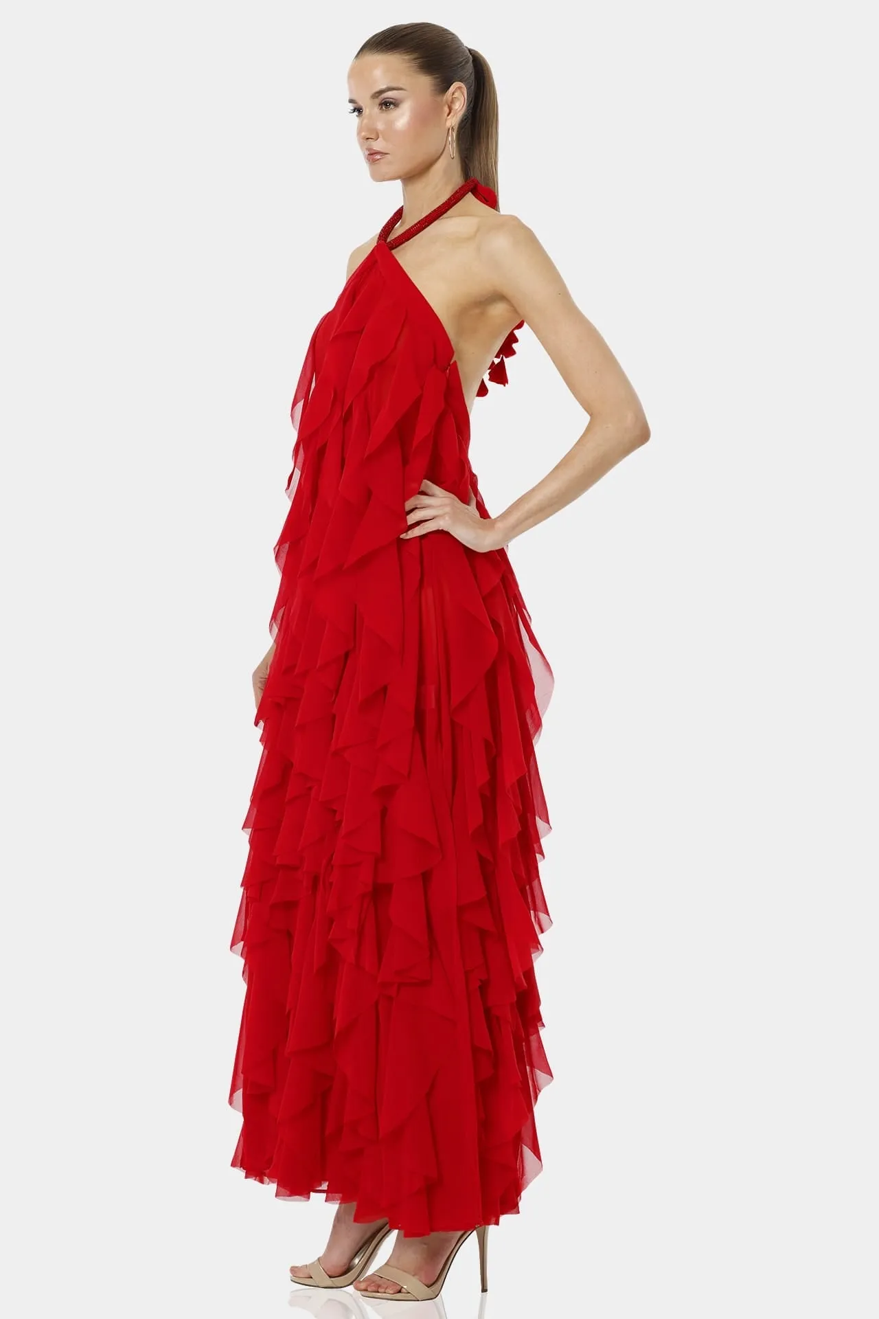 Chili Red Floor Length Backless Ruffle Dress