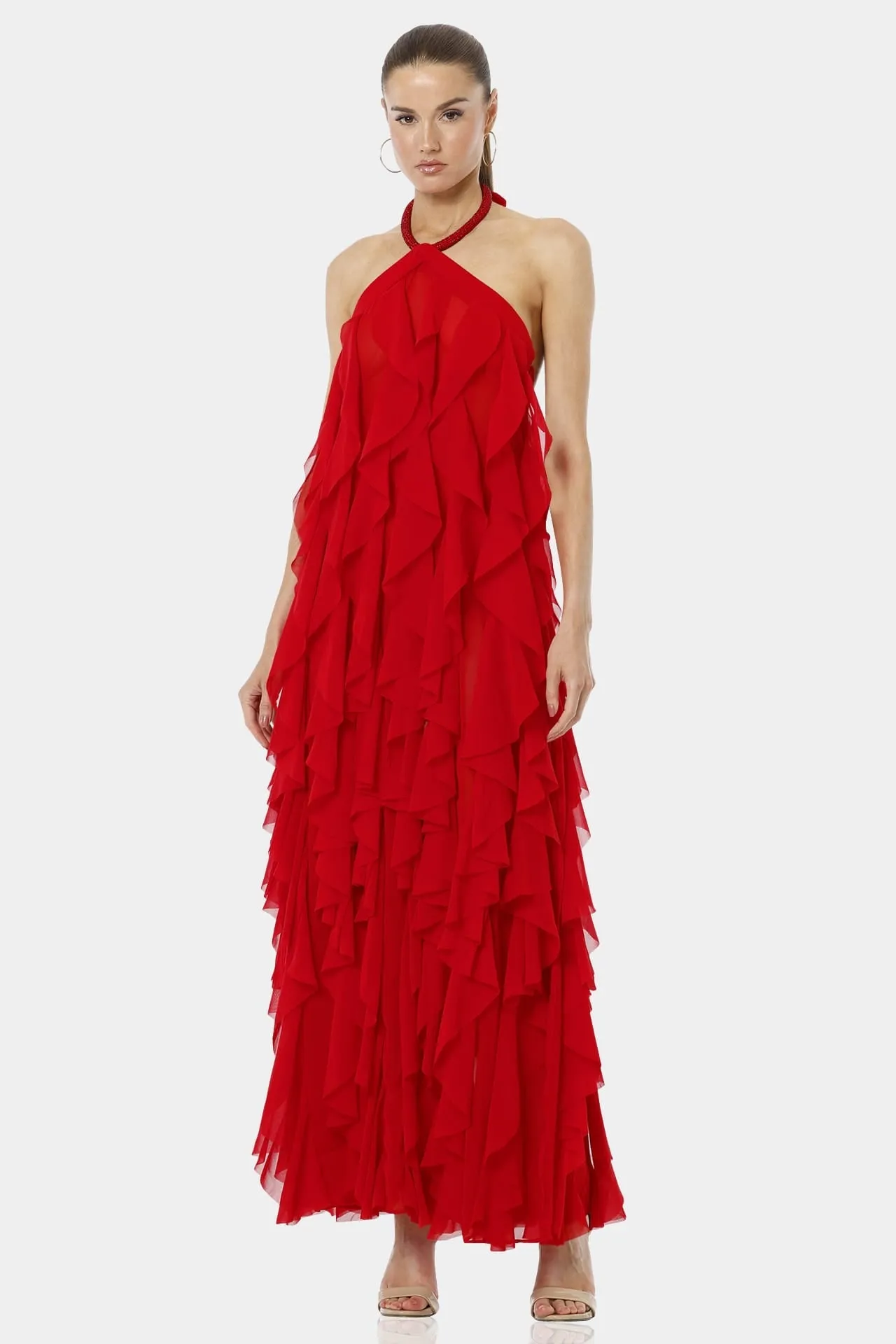 Chili Red Floor Length Backless Ruffle Dress