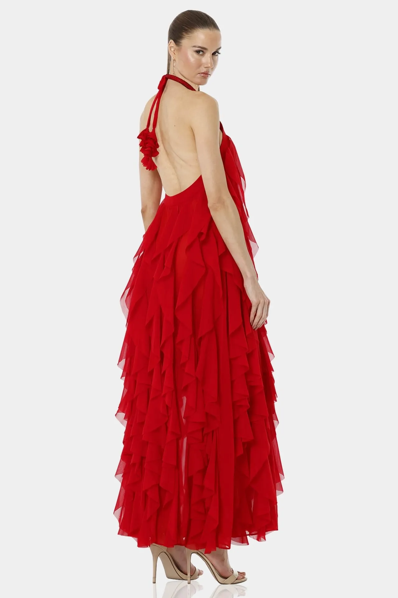 Chili Red Floor Length Backless Ruffle Dress