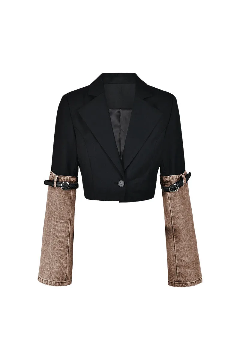 CK0510 Denim Sleeve Crop Blazer