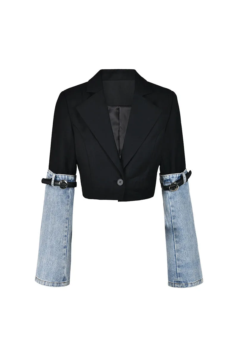 CK0510 Denim Sleeve Crop Blazer