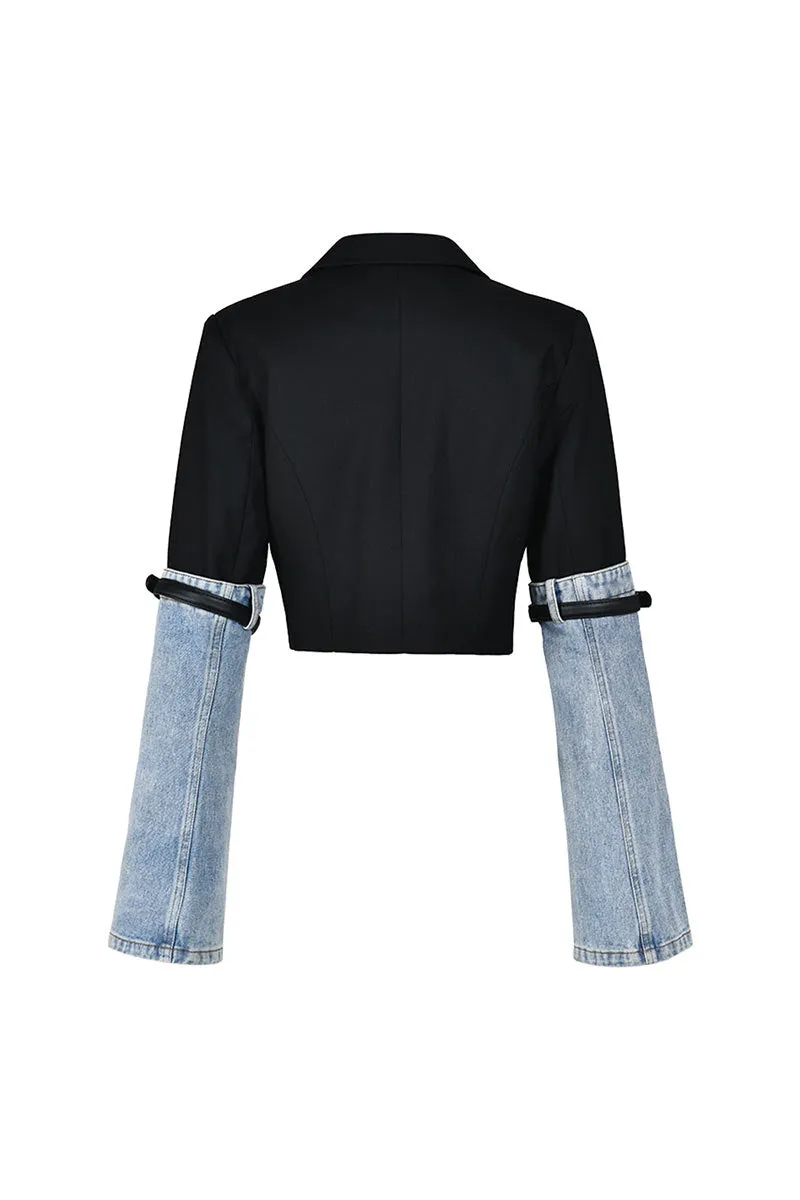 CK0510 Denim Sleeve Crop Blazer