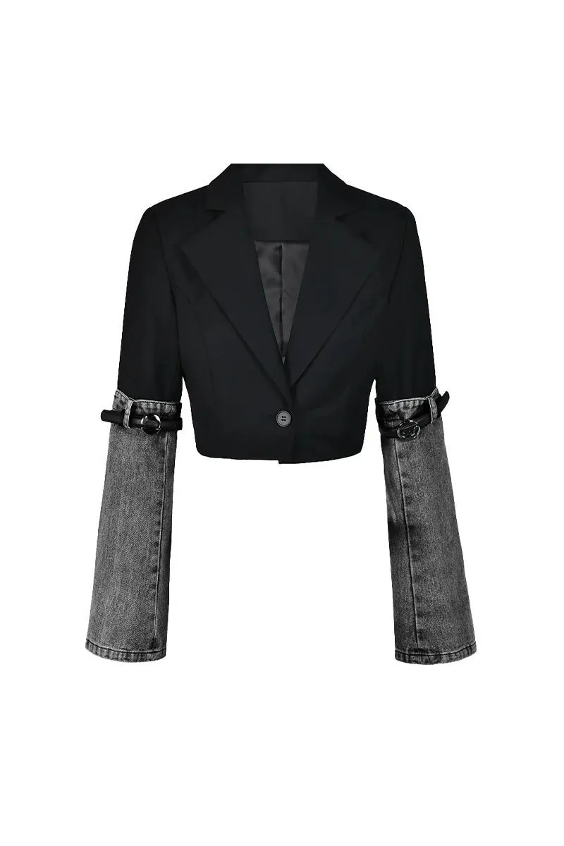 CK0510 Denim Sleeve Crop Blazer