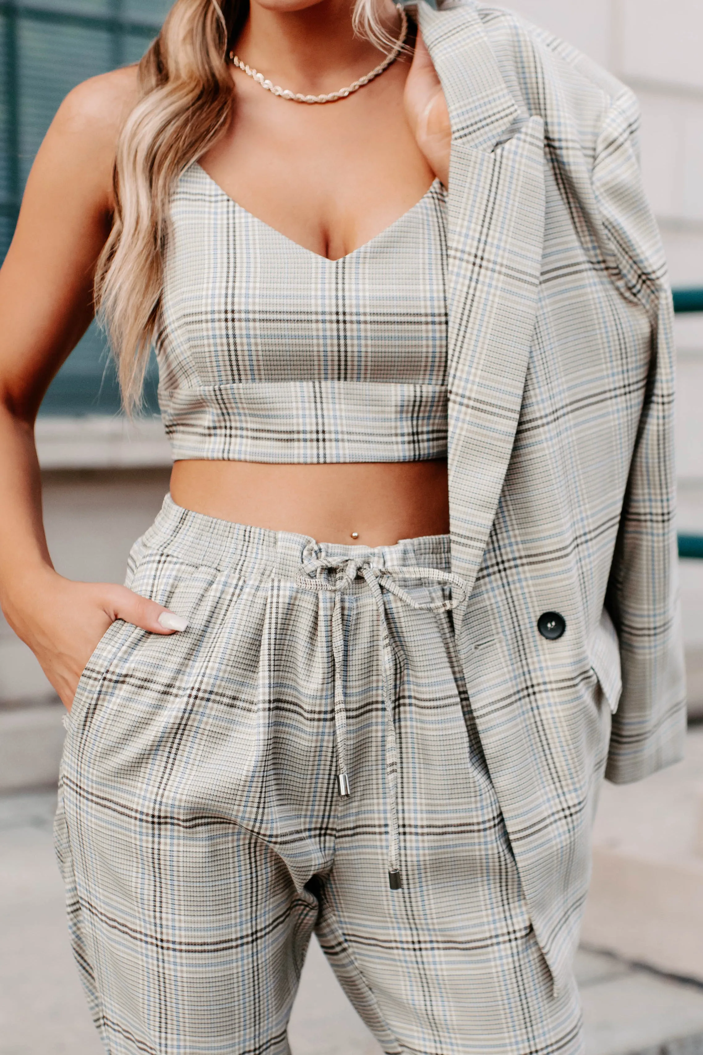 Clear It With Legal Plaid Three-Piece Blazer Set (Mocha Combo)