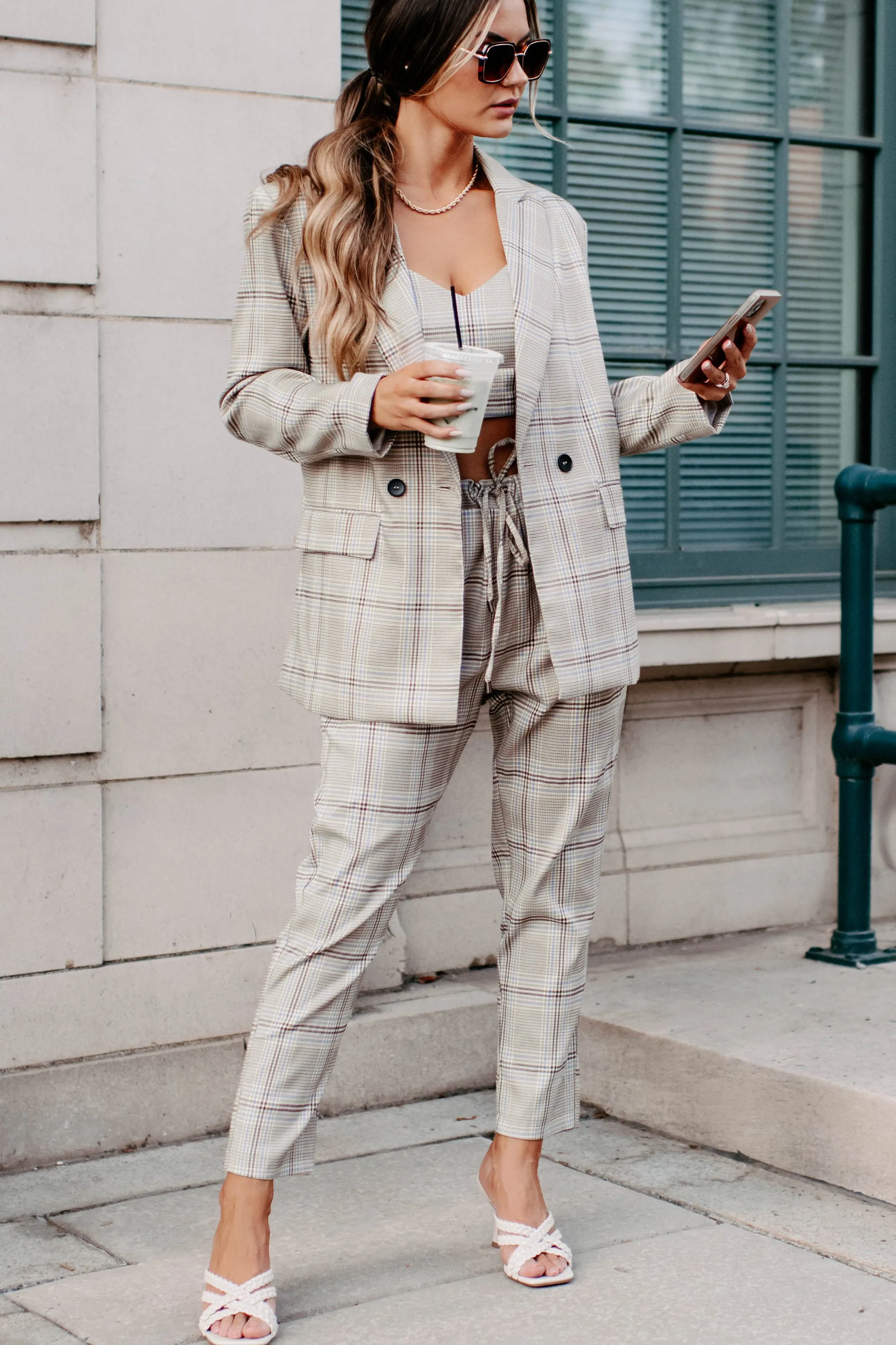 Clear It With Legal Plaid Three-Piece Blazer Set (Mocha Combo)