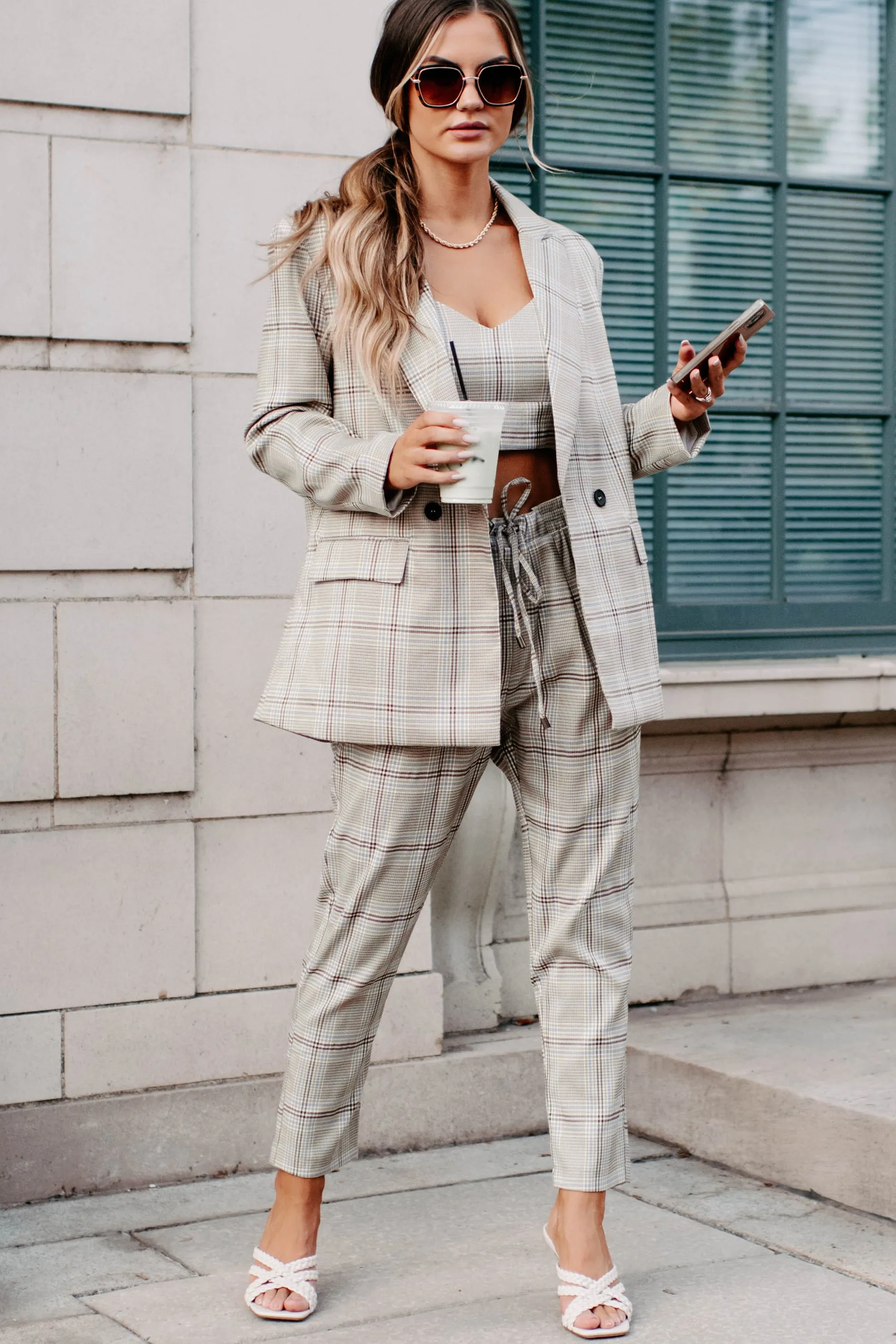 Clear It With Legal Plaid Three-Piece Blazer Set (Mocha Combo)