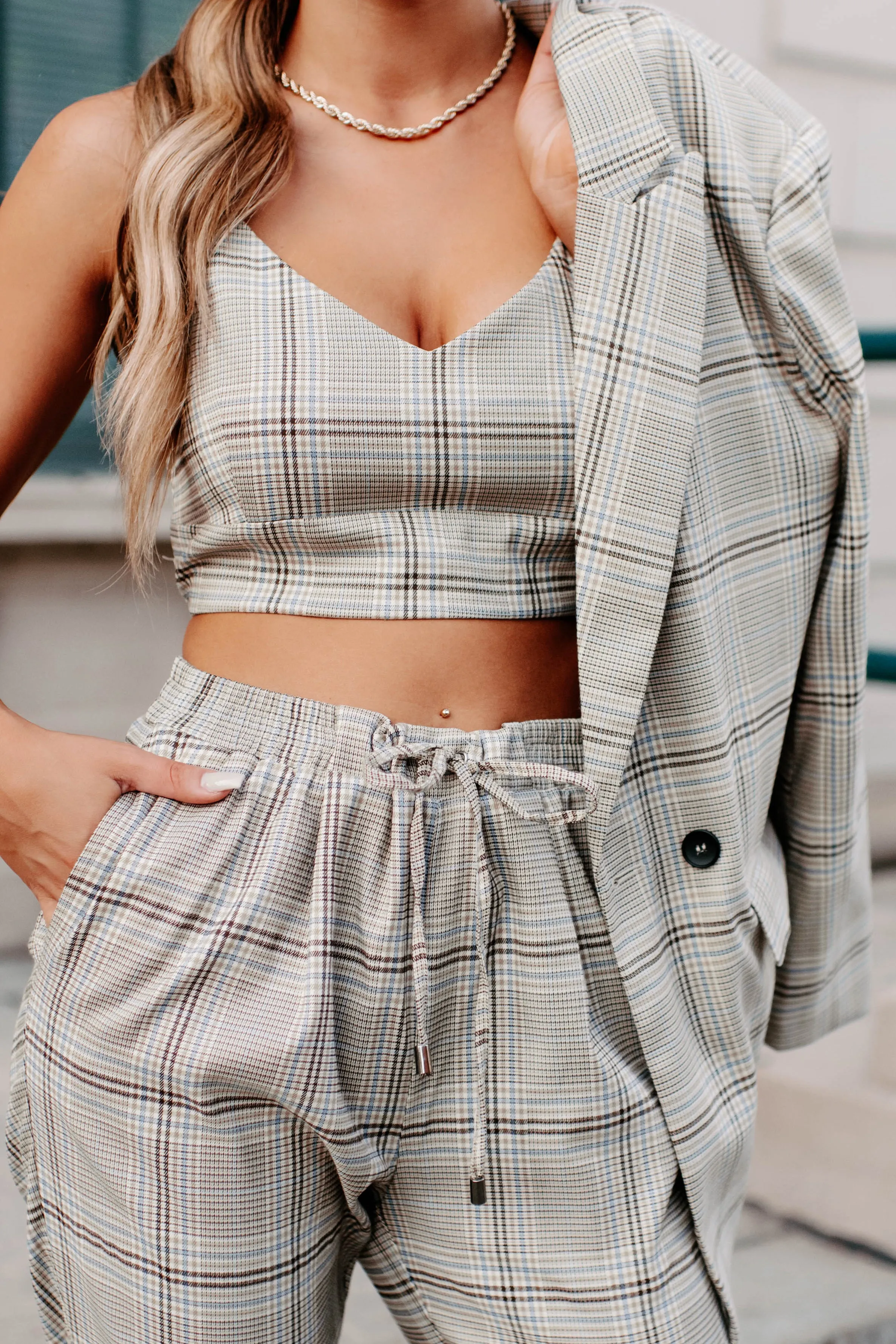 Clear It With Legal Plaid Three-Piece Blazer Set (Mocha Combo)