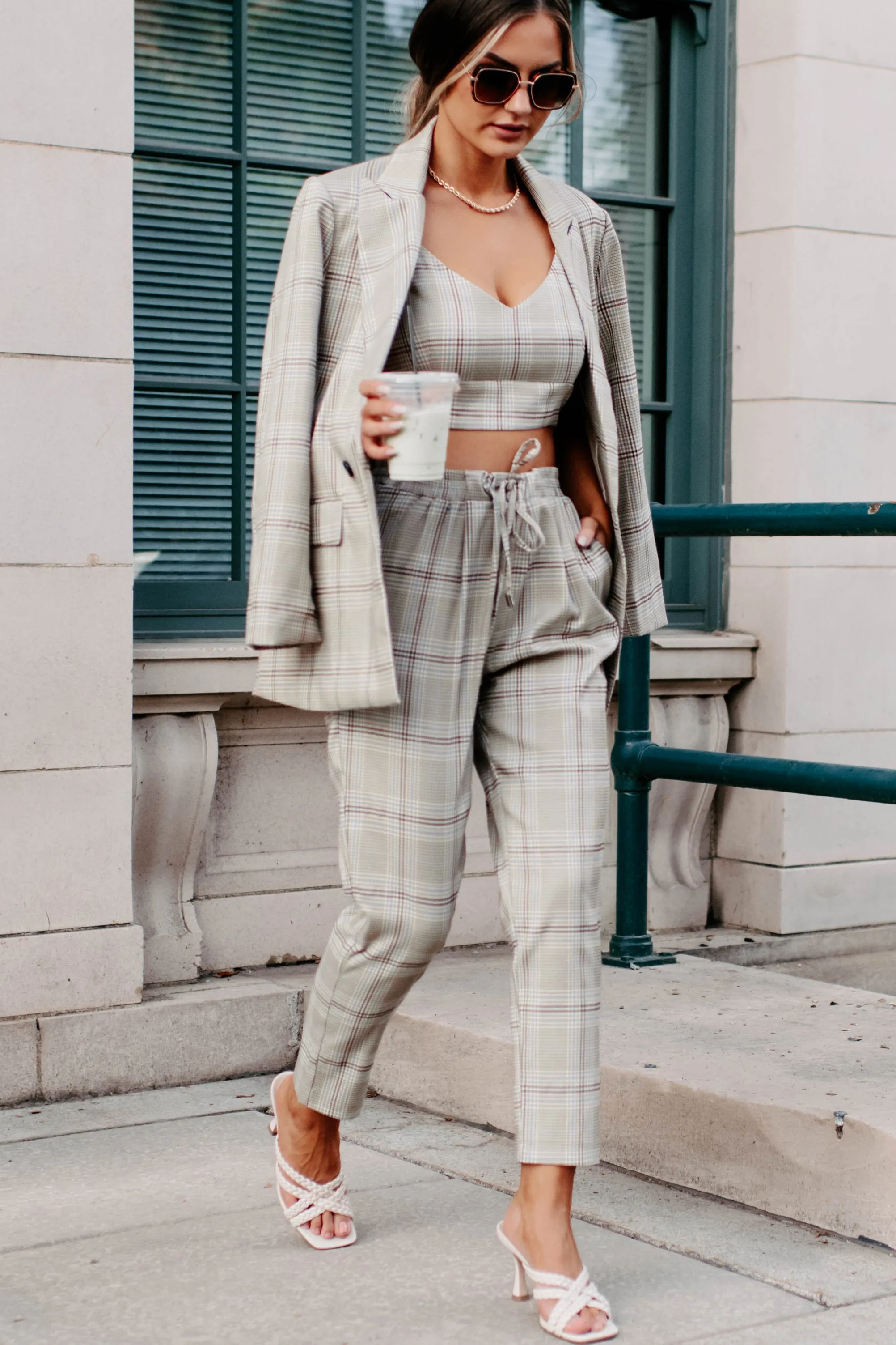 Clear It With Legal Plaid Three-Piece Blazer Set (Mocha Combo)