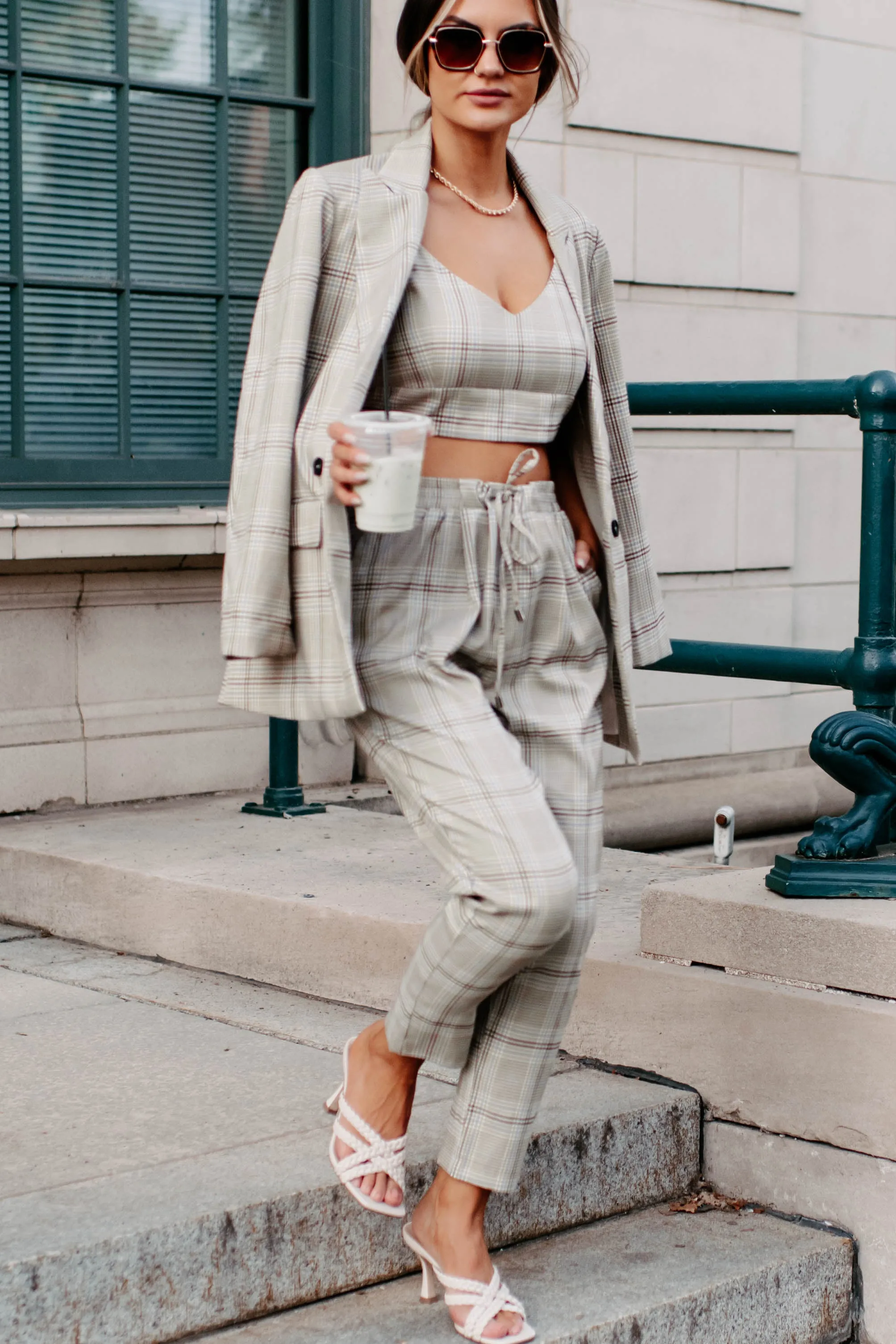 Clear It With Legal Plaid Three-Piece Blazer Set (Mocha Combo)