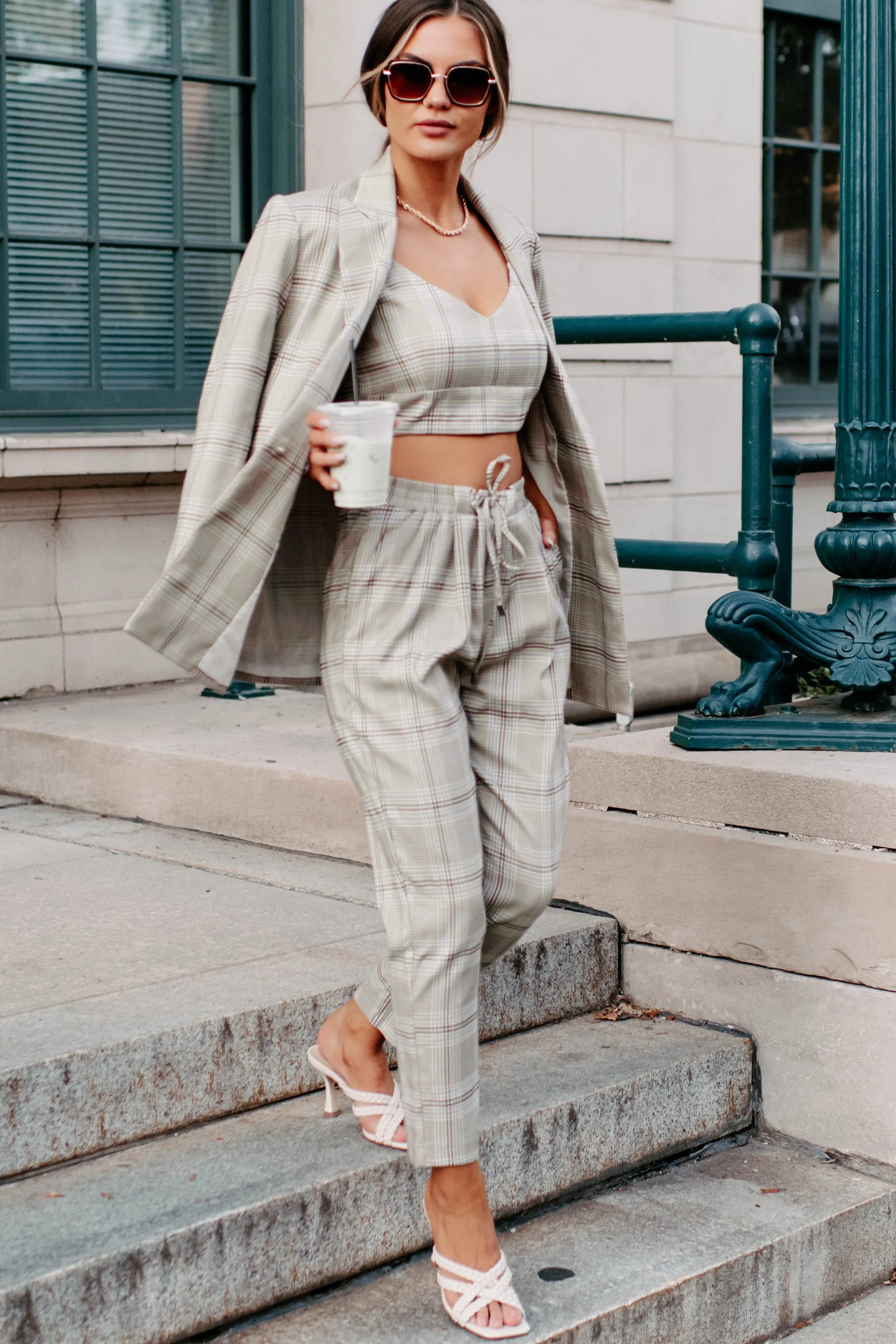 Clear It With Legal Plaid Three-Piece Blazer Set (Mocha Combo)