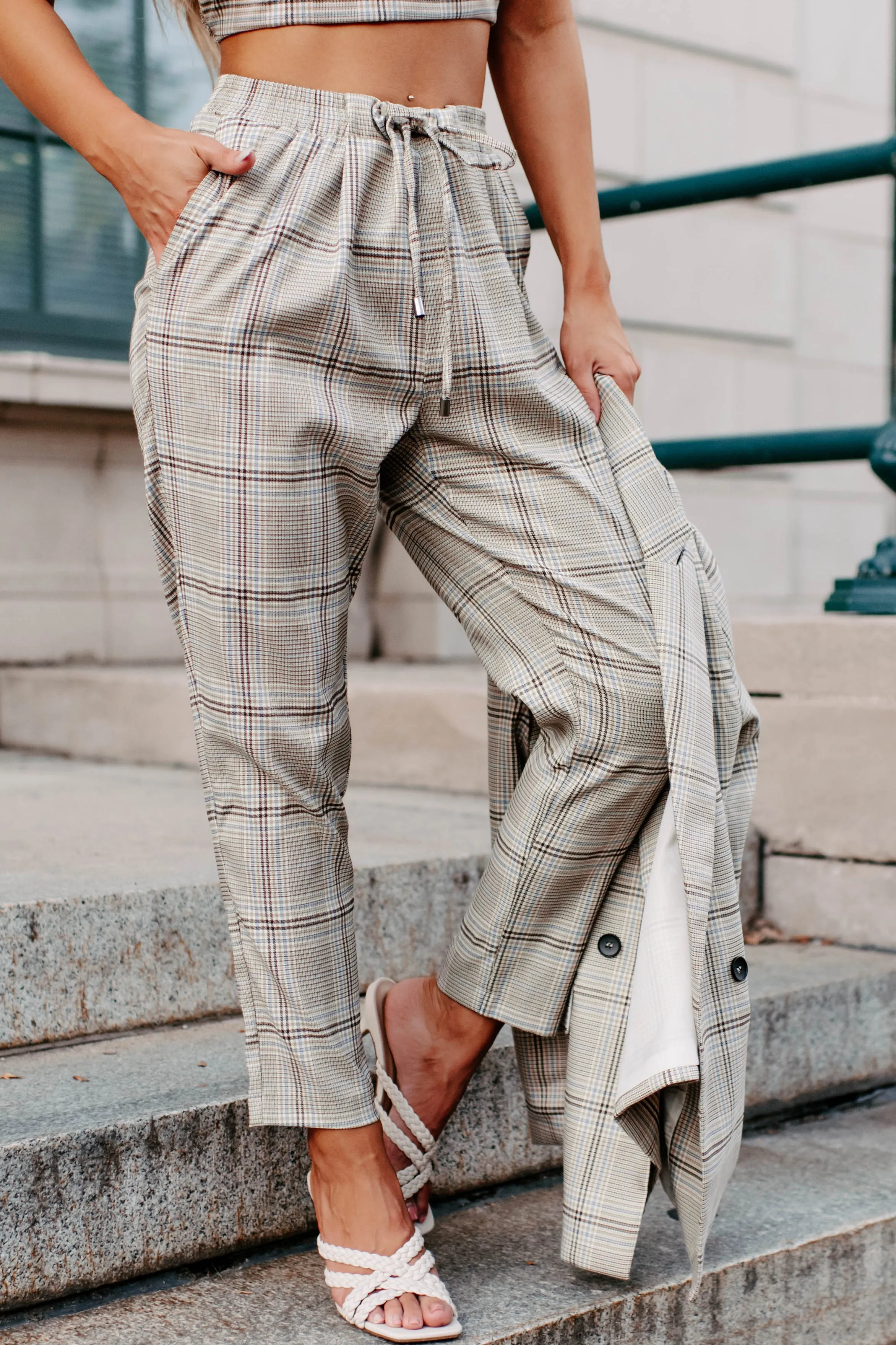 Clear It With Legal Plaid Three-Piece Blazer Set (Mocha Combo)