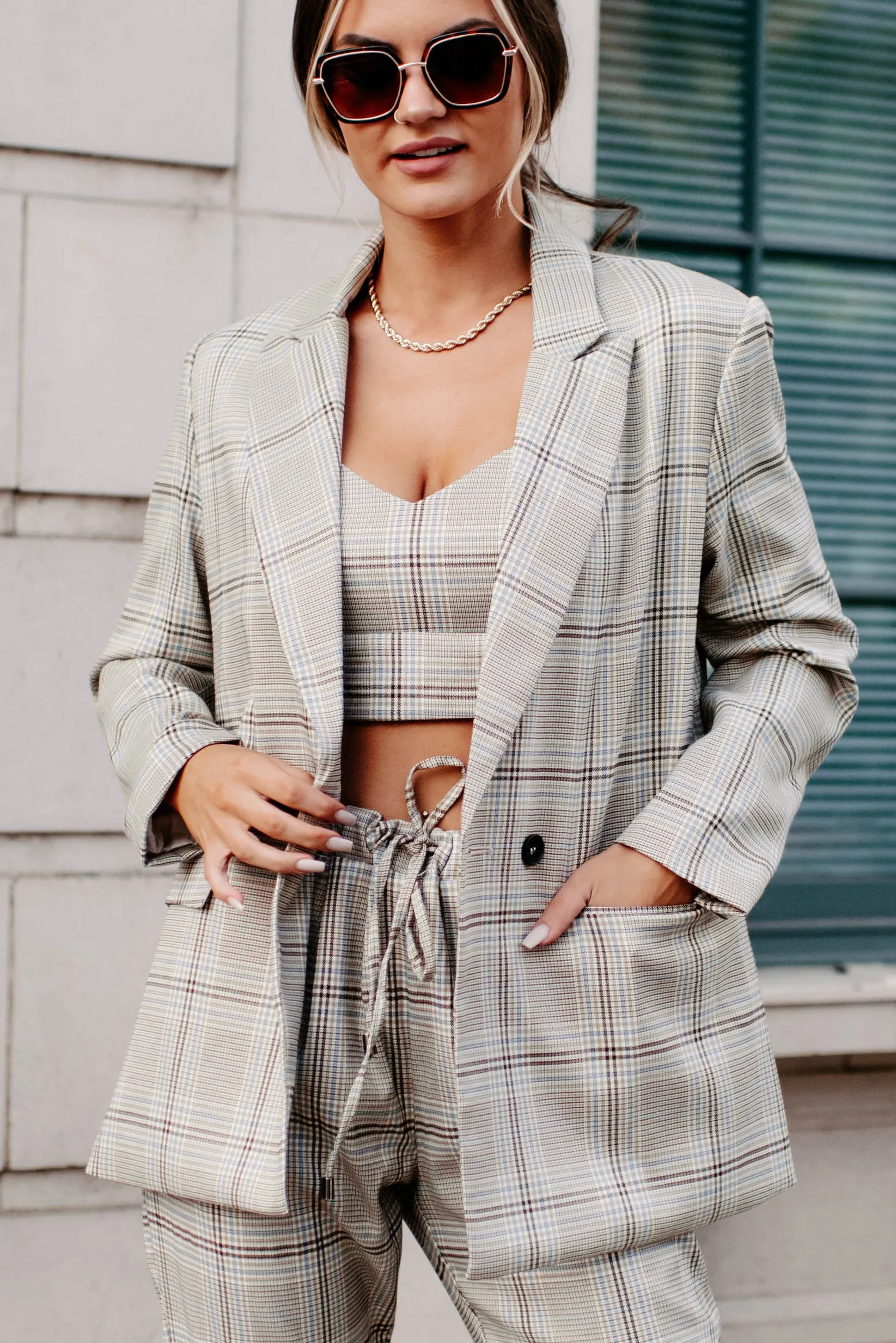 Clear It With Legal Plaid Three-Piece Blazer Set (Mocha Combo)
