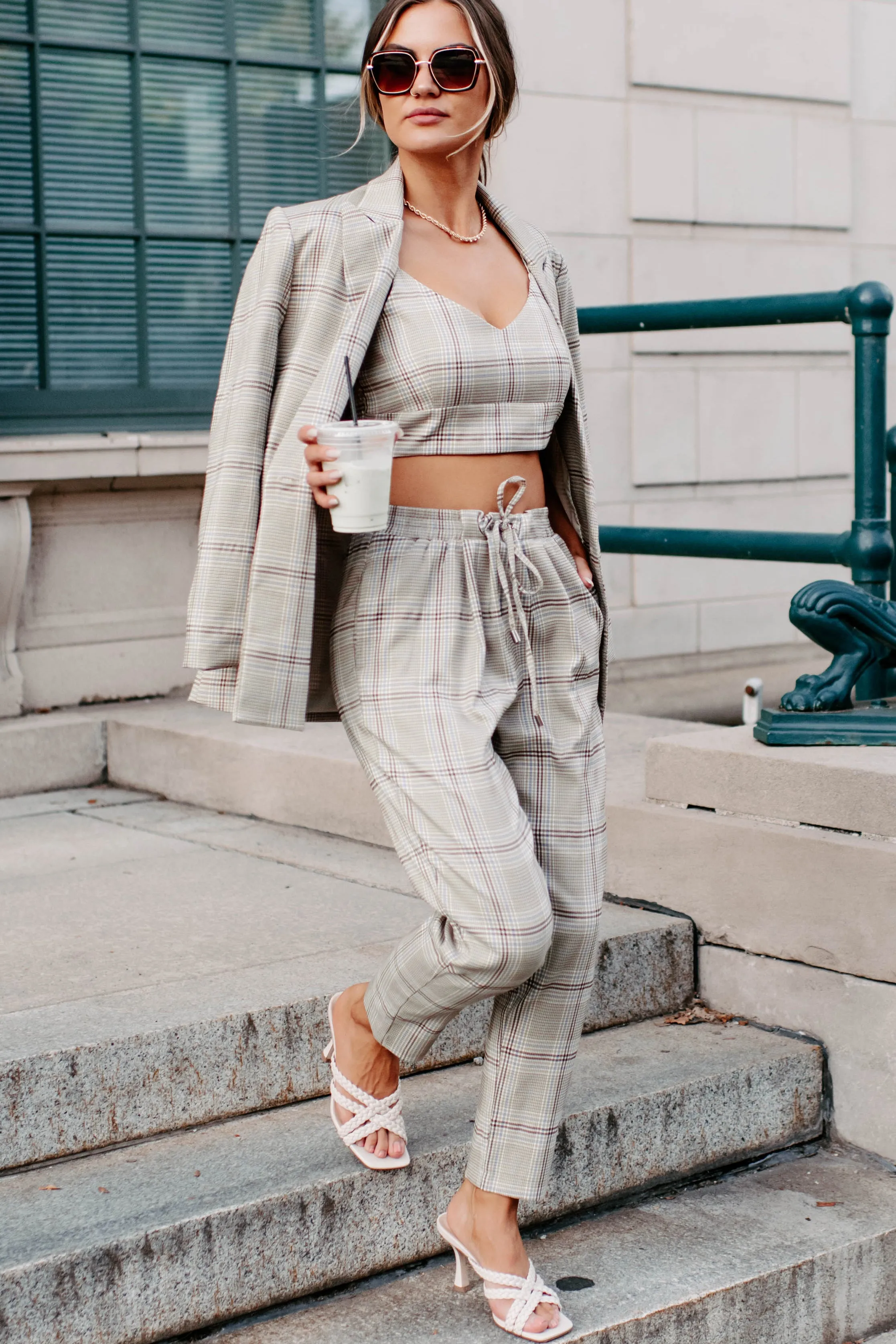 Clear It With Legal Plaid Three-Piece Blazer Set (Mocha Combo)