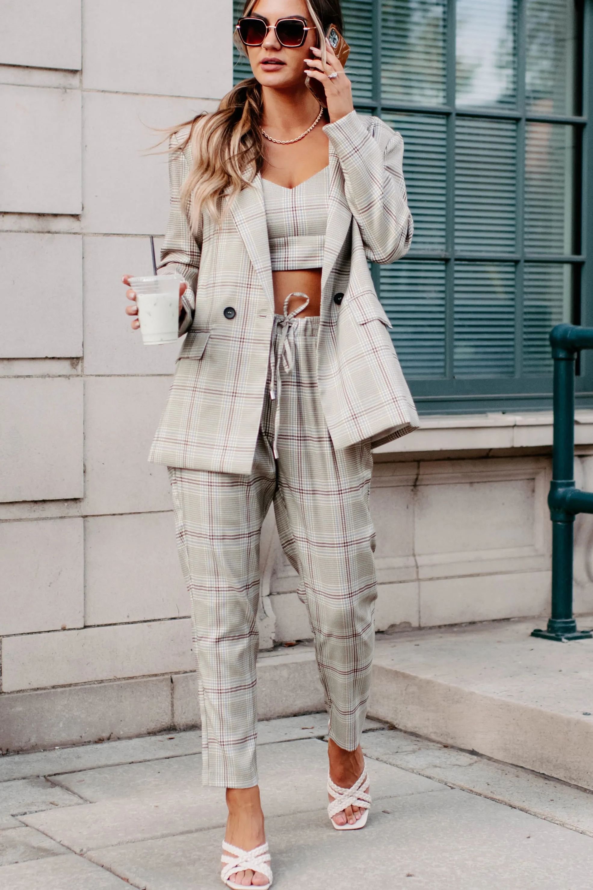 Clear It With Legal Plaid Three-Piece Blazer Set (Mocha Combo)