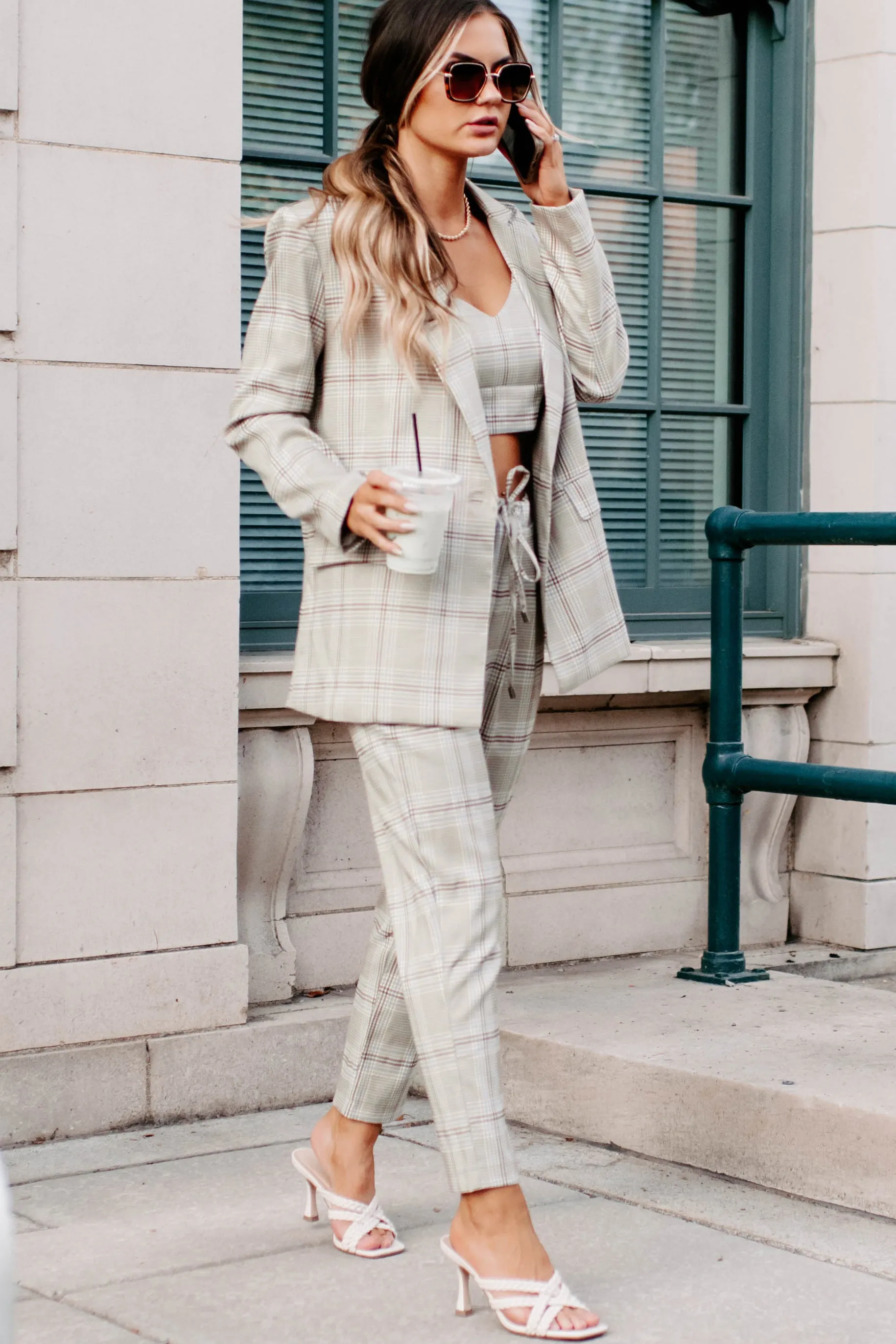 Clear It With Legal Plaid Three-Piece Blazer Set (Mocha Combo)