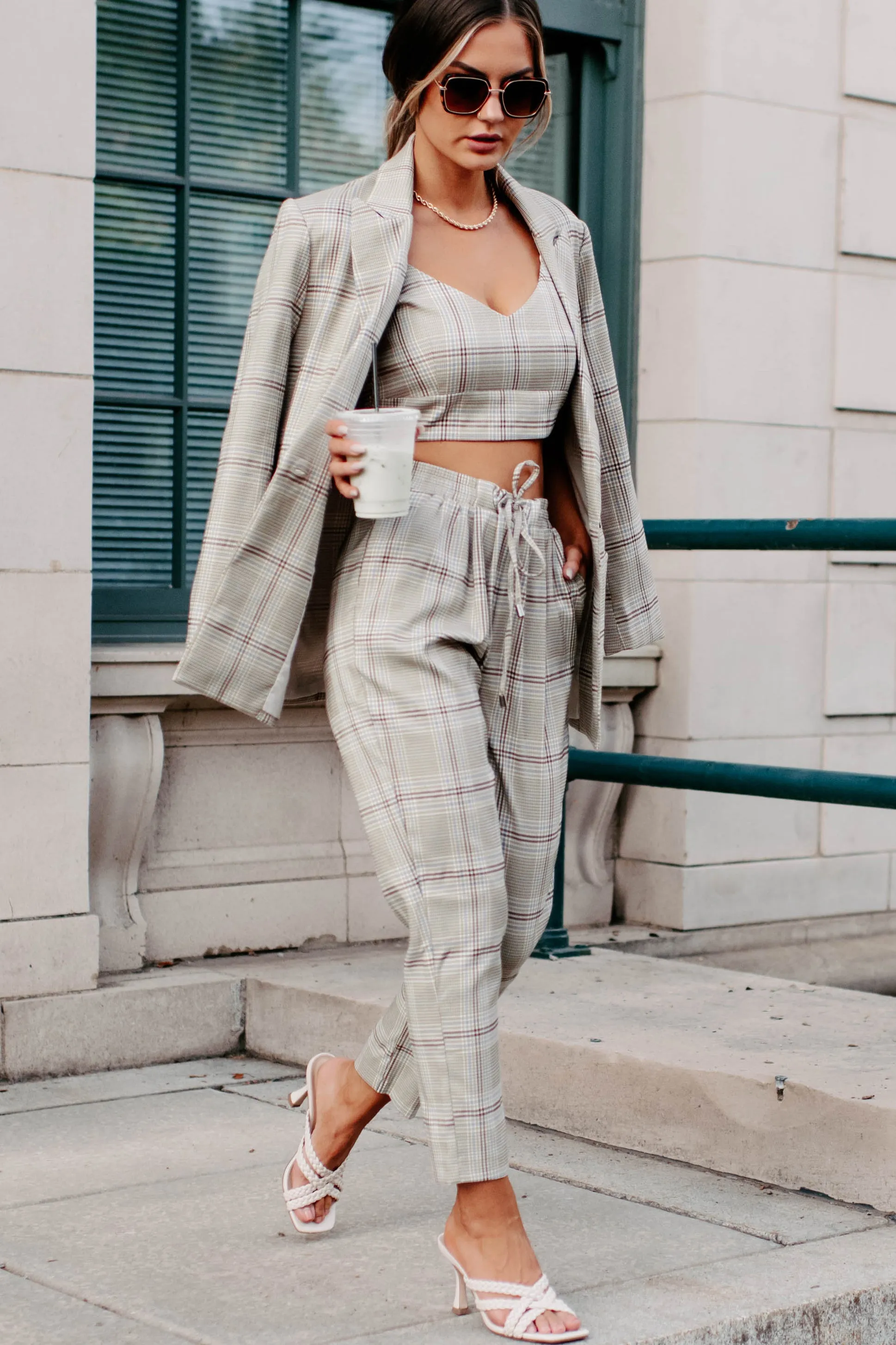 Clear It With Legal Plaid Three-Piece Blazer Set (Mocha Combo)