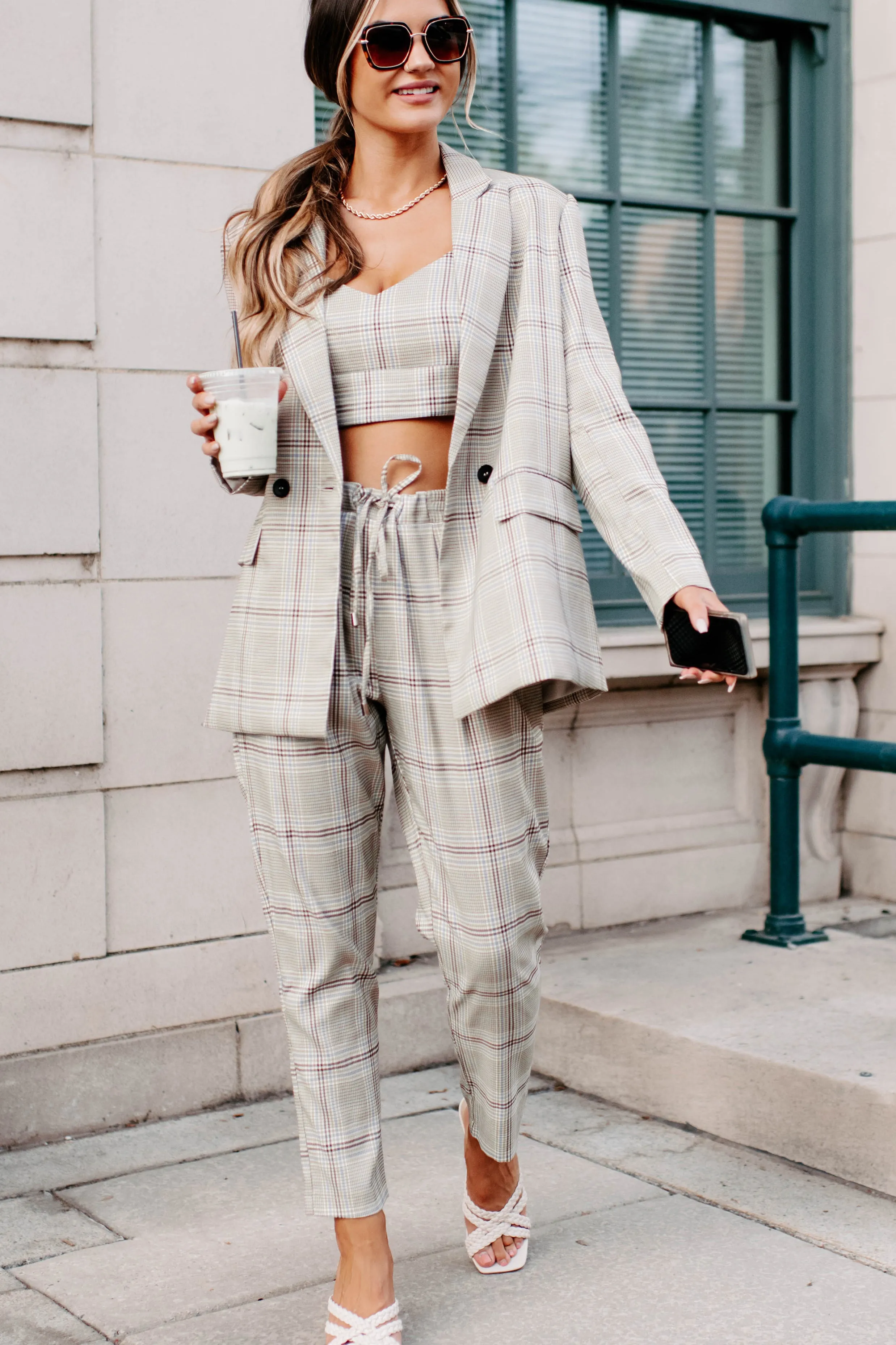 Clear It With Legal Plaid Three-Piece Blazer Set (Mocha Combo)