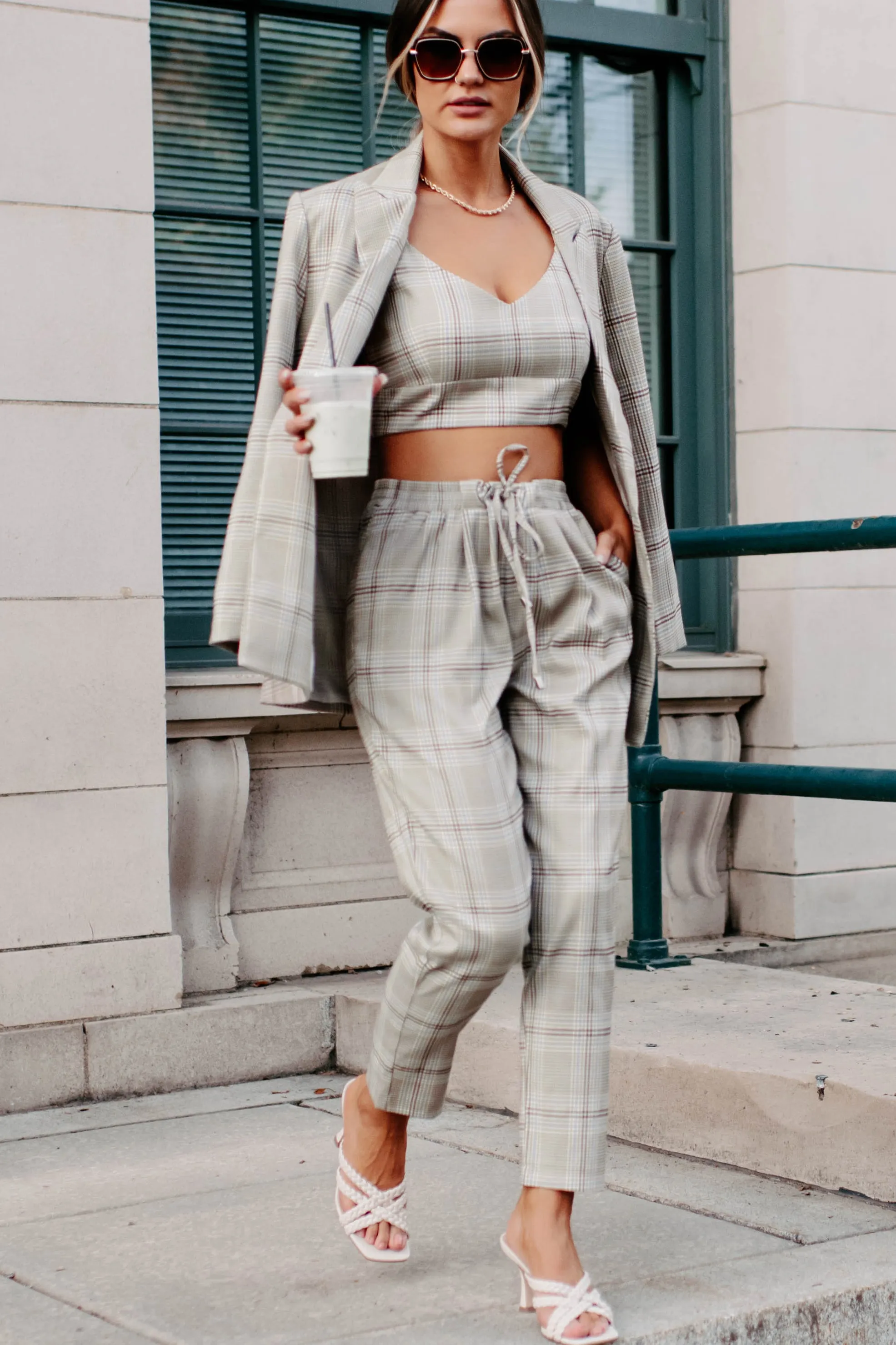 Clear It With Legal Plaid Three-Piece Blazer Set (Mocha Combo)