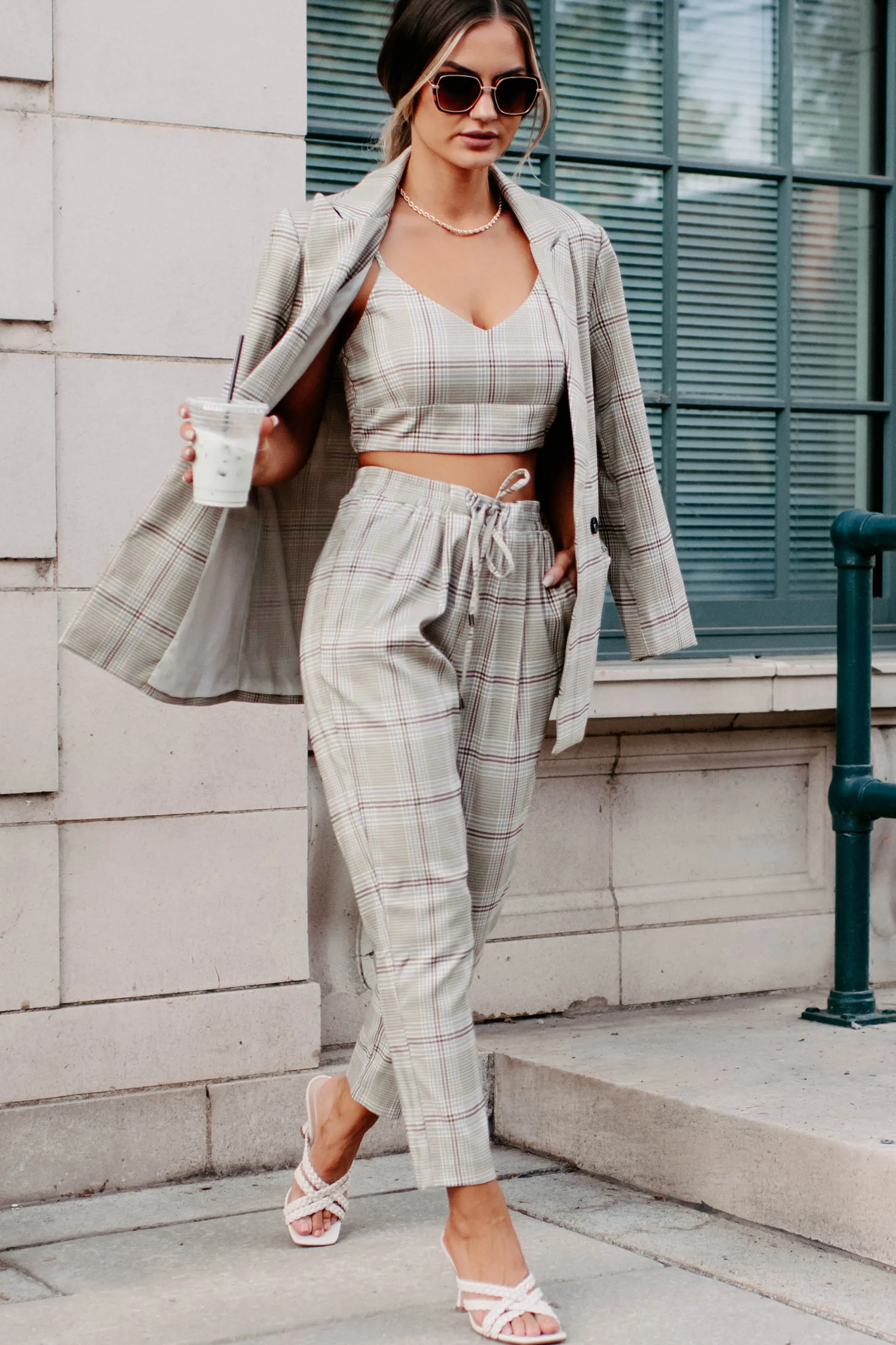 Clear It With Legal Plaid Three-Piece Blazer Set (Mocha Combo)