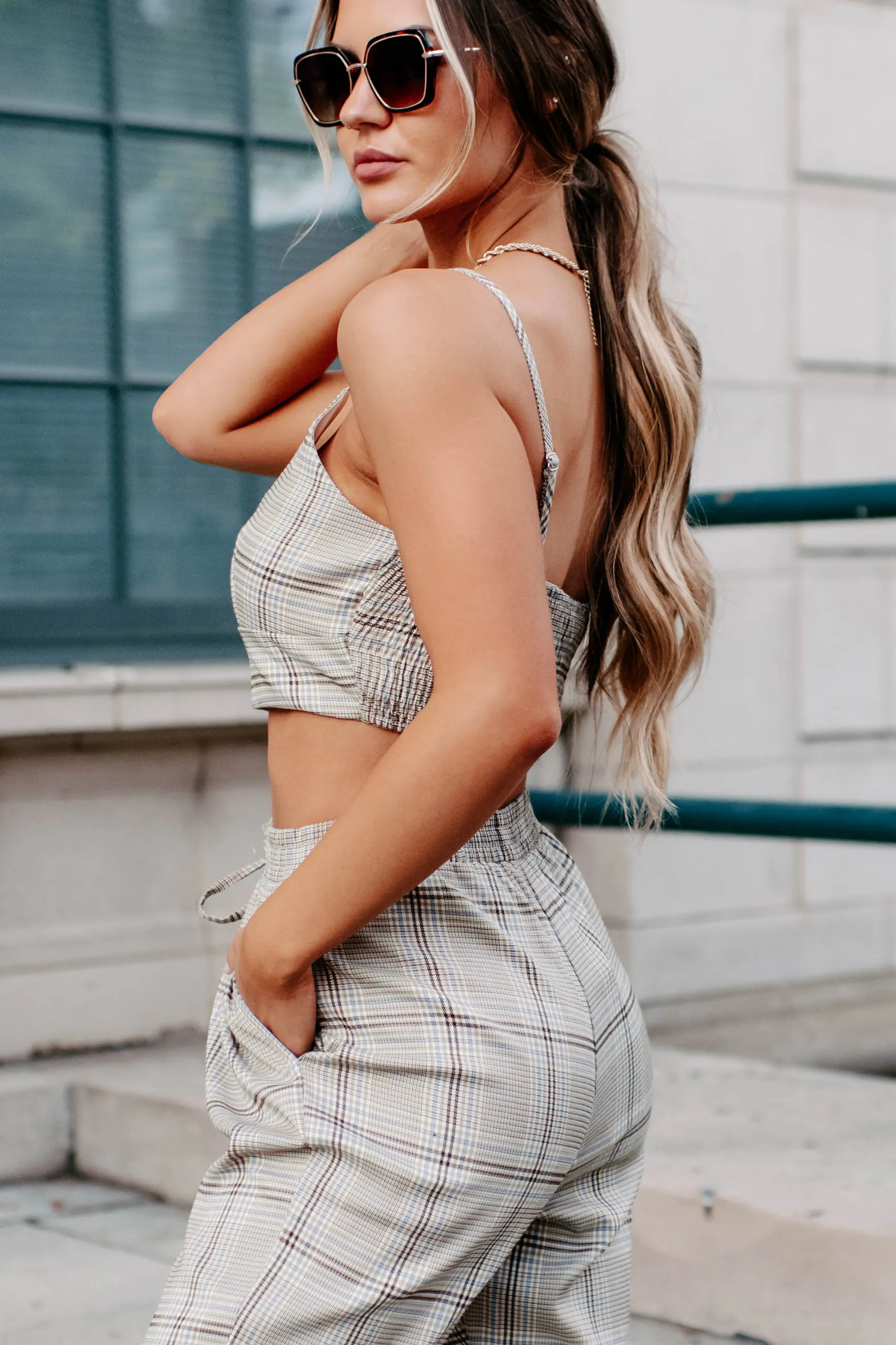 Clear It With Legal Plaid Three-Piece Blazer Set (Mocha Combo)