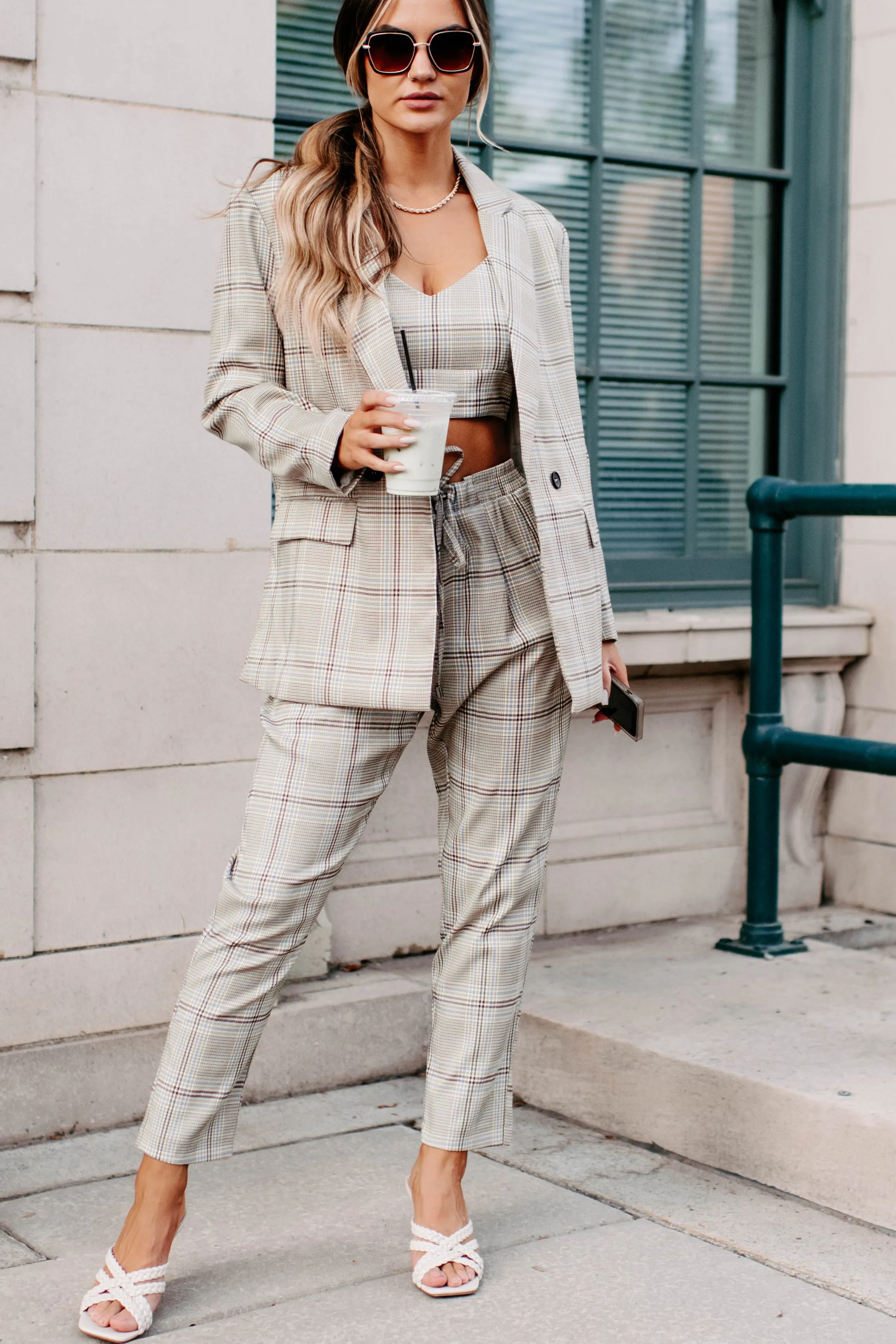 Clear It With Legal Plaid Three-Piece Blazer Set (Mocha Combo)