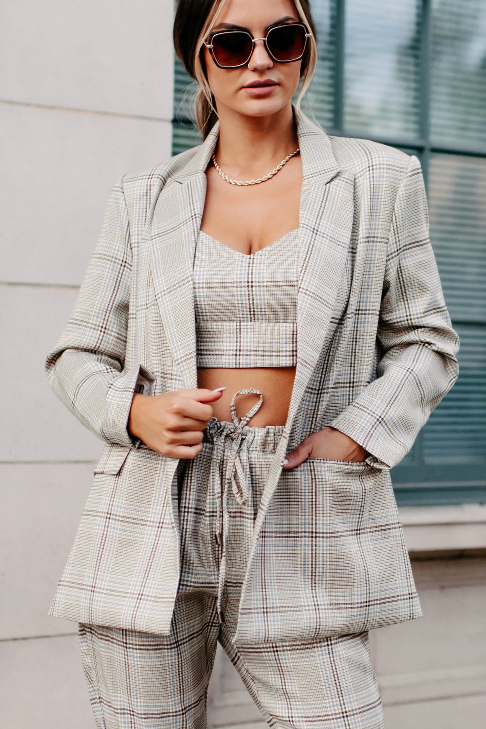 Clear It With Legal Plaid Three-Piece Blazer Set (Mocha Combo)