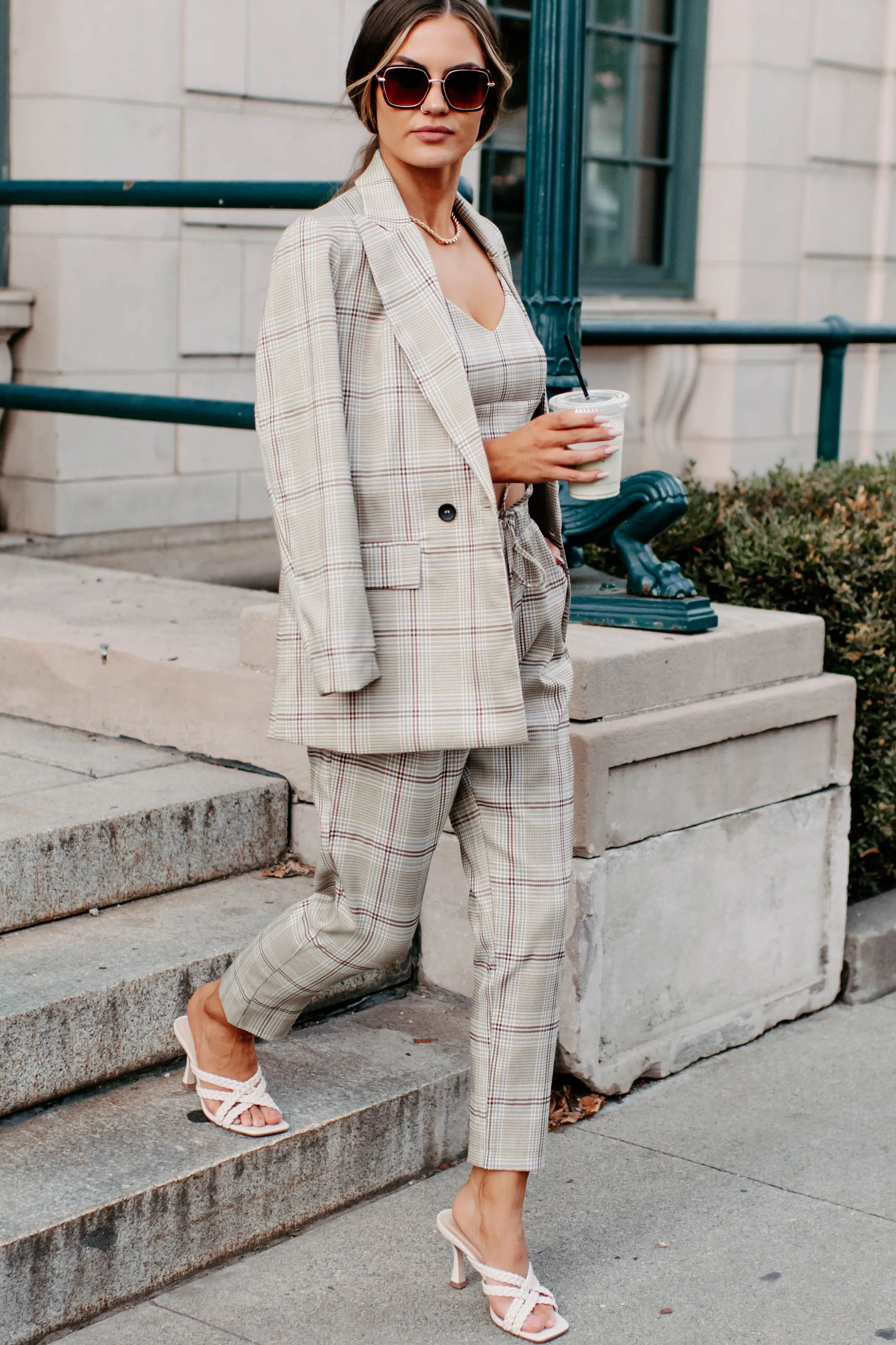 Clear It With Legal Plaid Three-Piece Blazer Set (Mocha Combo)