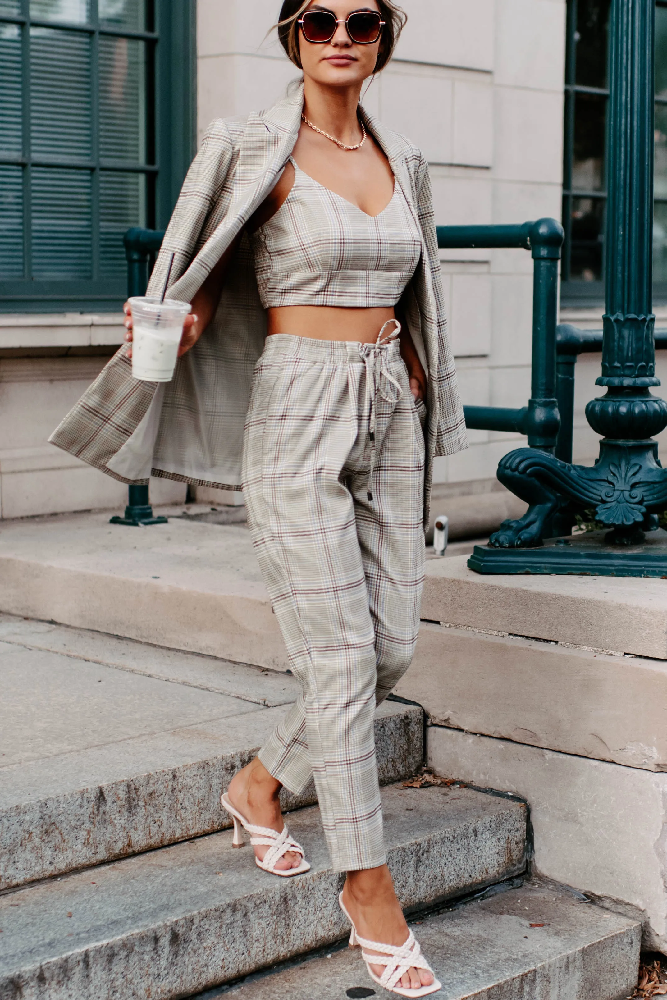 Clear It With Legal Plaid Three-Piece Blazer Set (Mocha Combo)