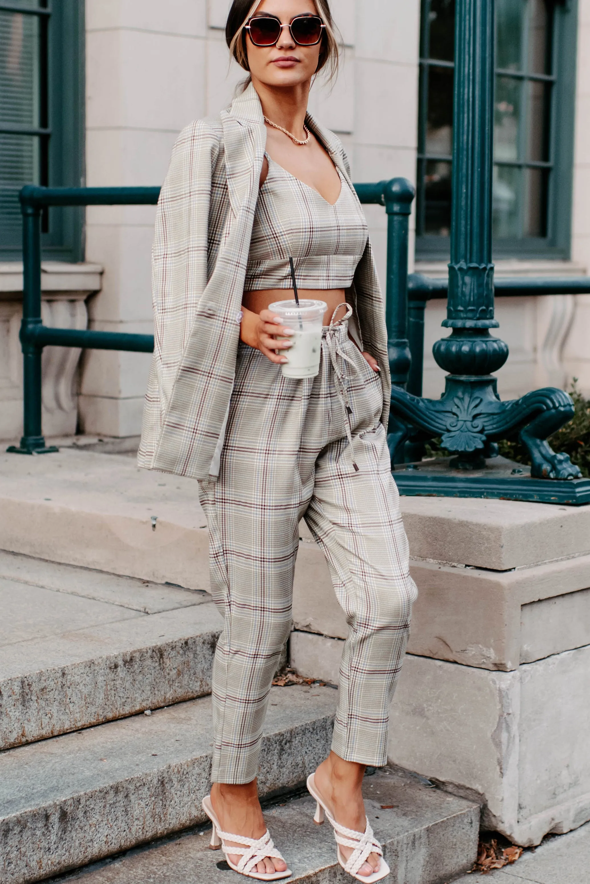 Clear It With Legal Plaid Three-Piece Blazer Set (Mocha Combo)