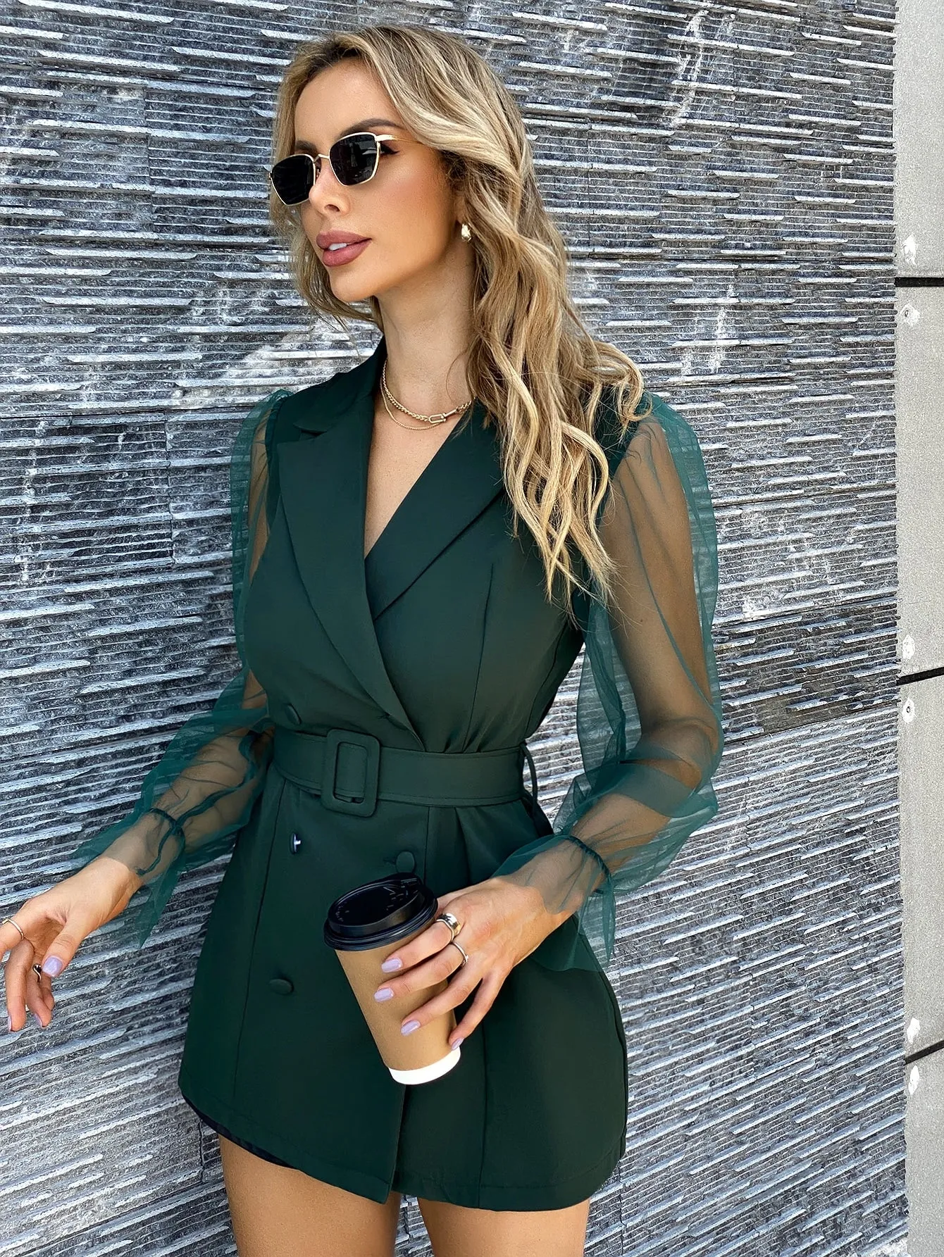 Contrast Mesh Sleeve Blazer Dress