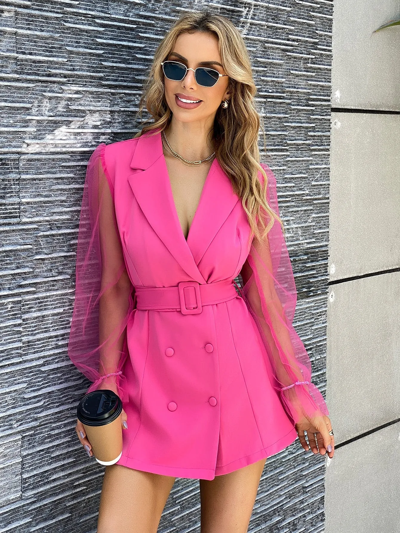Contrast Mesh Sleeve Blazer Dress