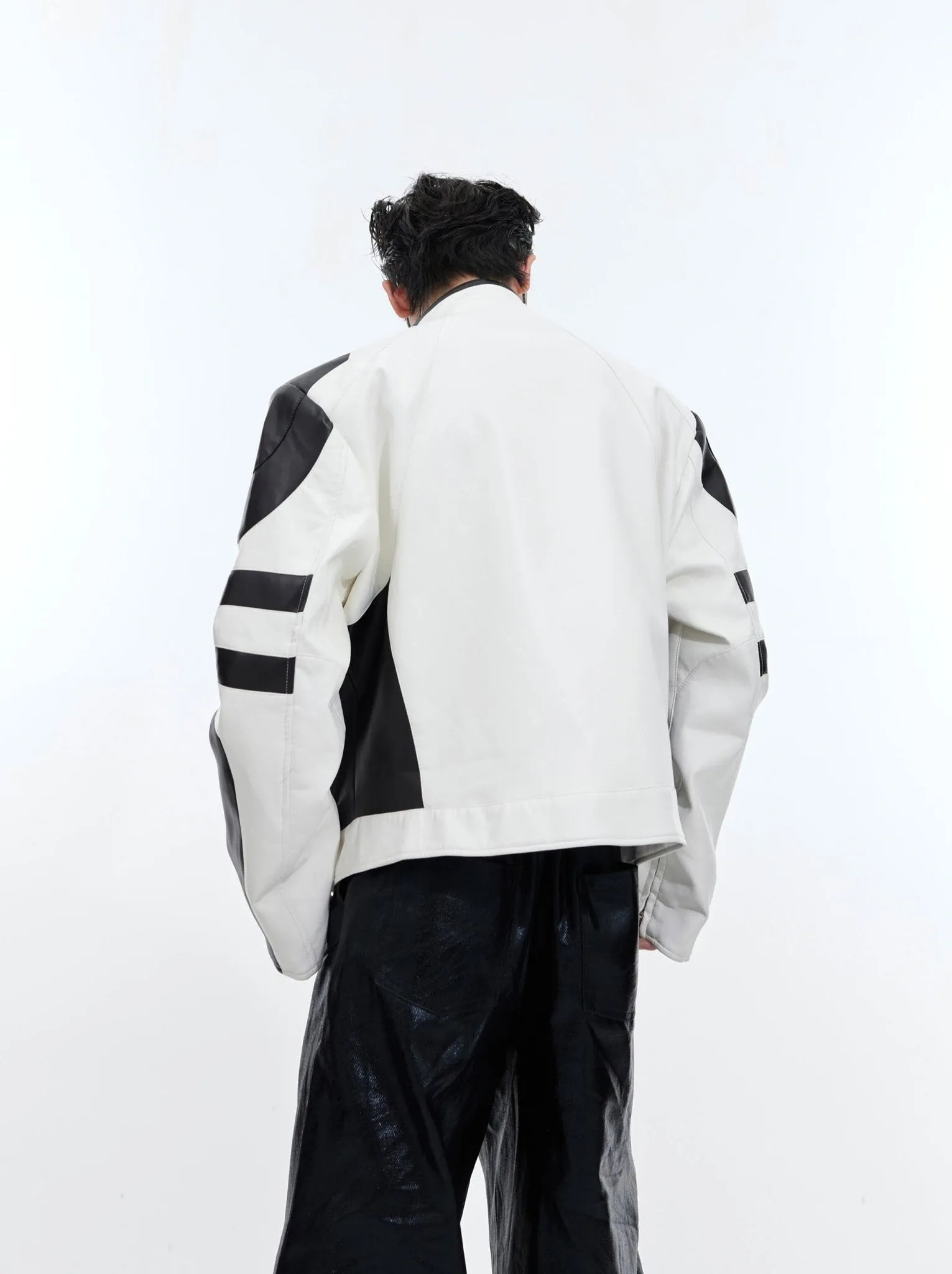 Contrast Patchwork Leather Jacket | Embossed Biker Gear for Men