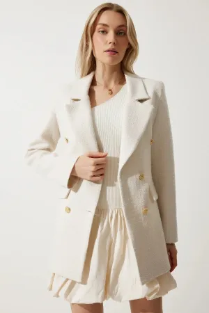 Cream Buttoned Blazer Tweed Jacket