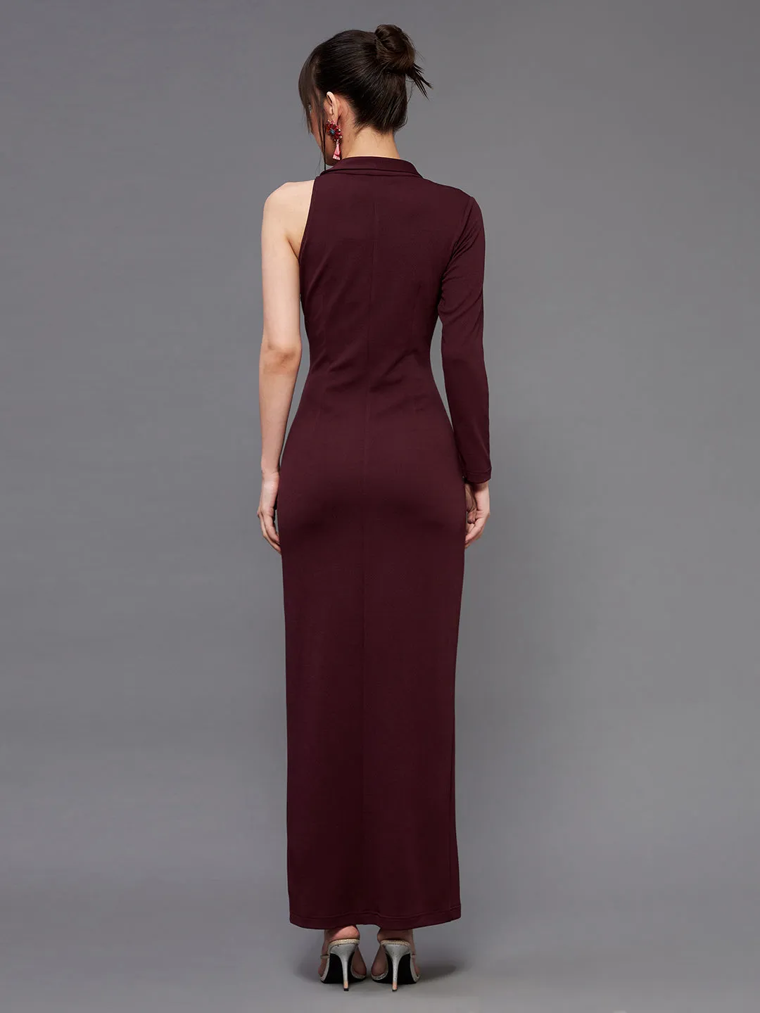 Crease Ease Women's Wine Asymmetric Sleeve Sequined Party Blazer Slit Maxi Dress