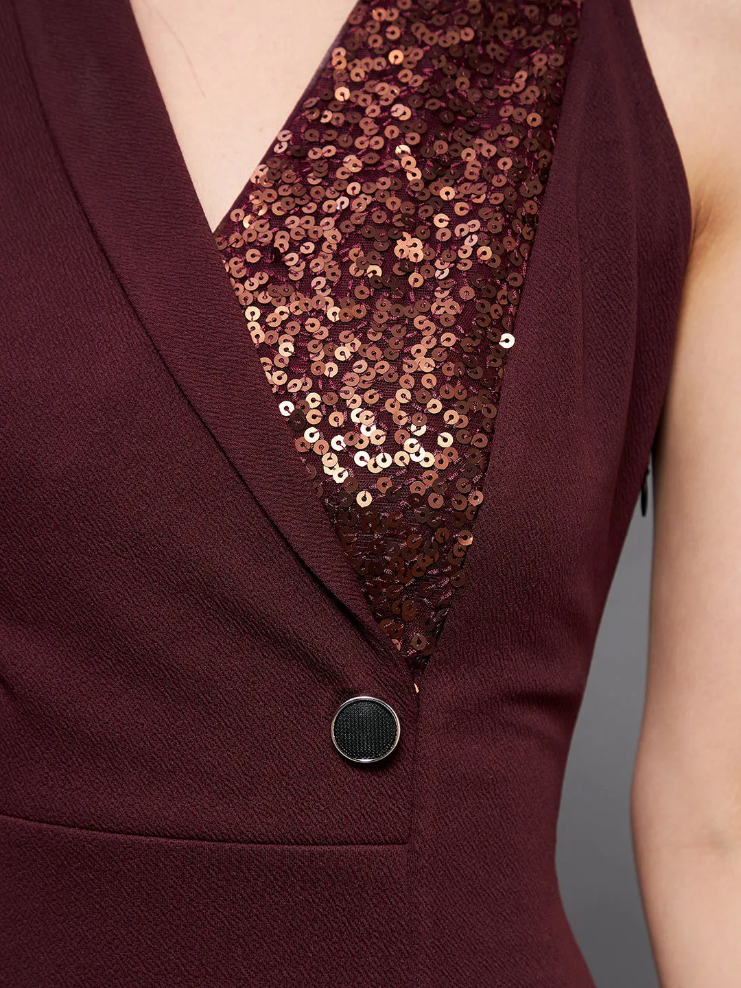 Crease Ease Women's Wine Asymmetric Sleeve Sequined Party Blazer Slit Maxi Dress
