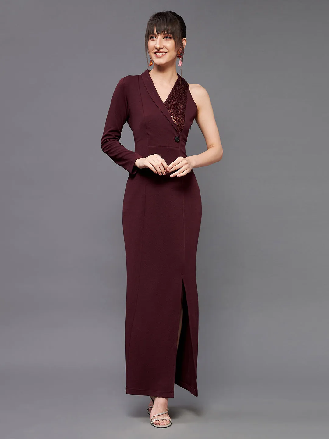 Crease Ease Women's Wine Asymmetric Sleeve Sequined Party Blazer Slit Maxi Dress