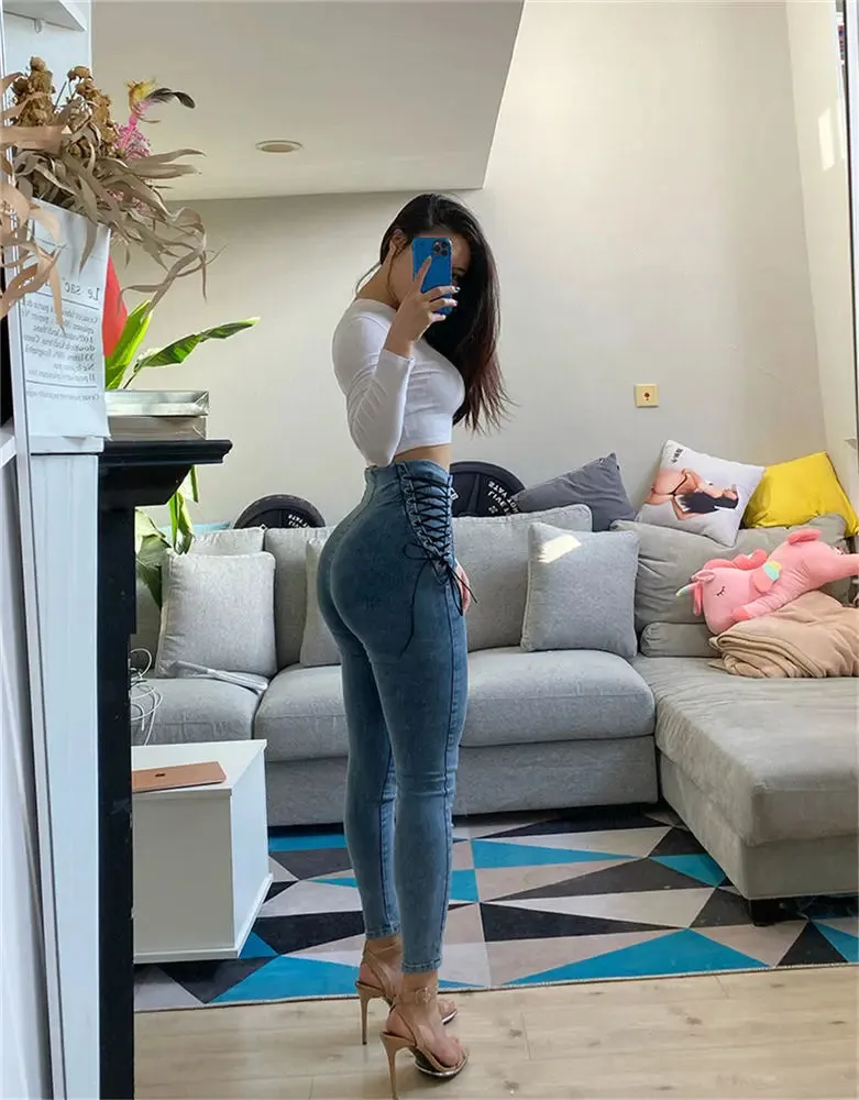 Cross Lace up Waist Jeans