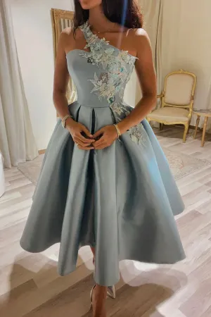 Cute Satin Short Prom Dress, One Shoulder Lace A-Line Party Dress