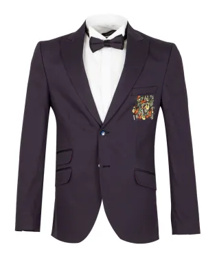 Dark Blue Musical Print Glitter Blazer with Contrasting Lapel