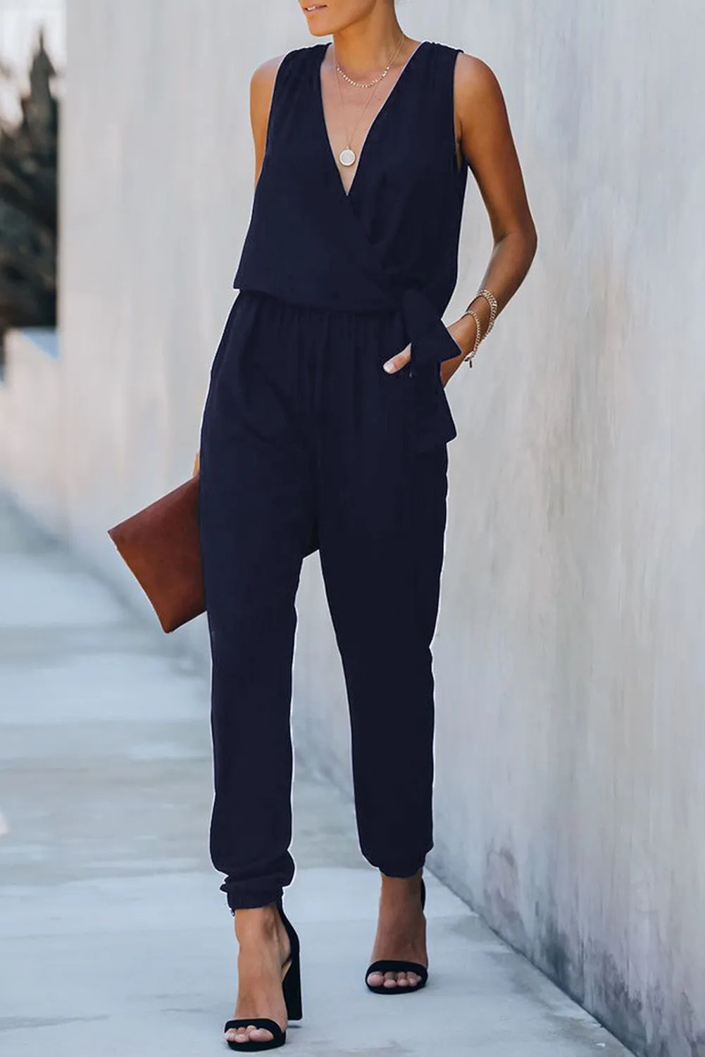 Deep V-Neck Sleeveless Solid Jumpsuit