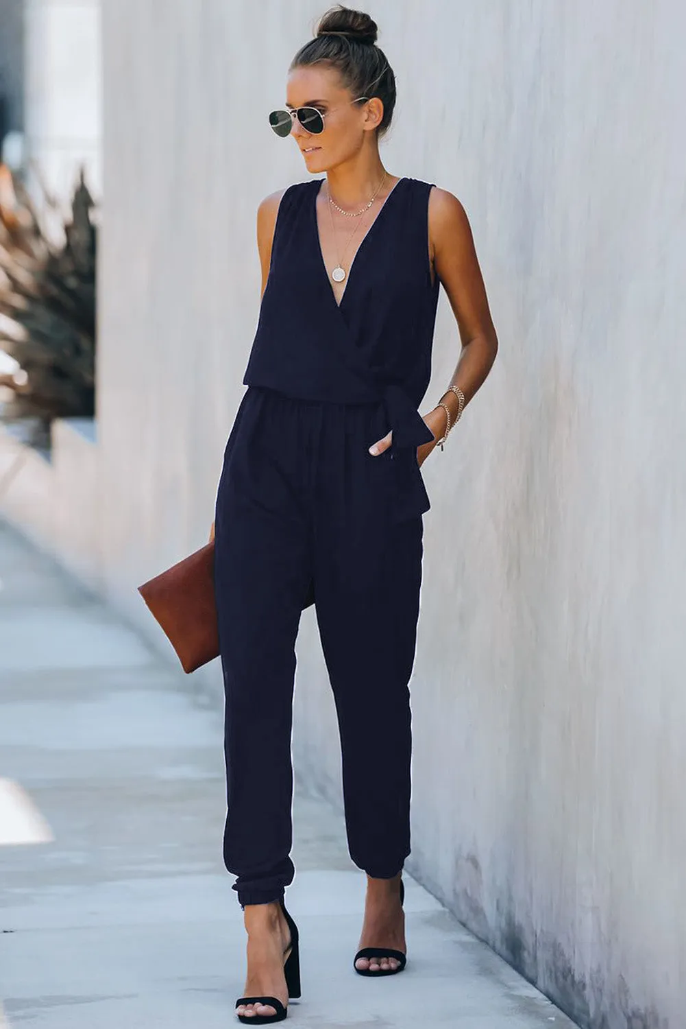 Deep V-Neck Sleeveless Solid Jumpsuit