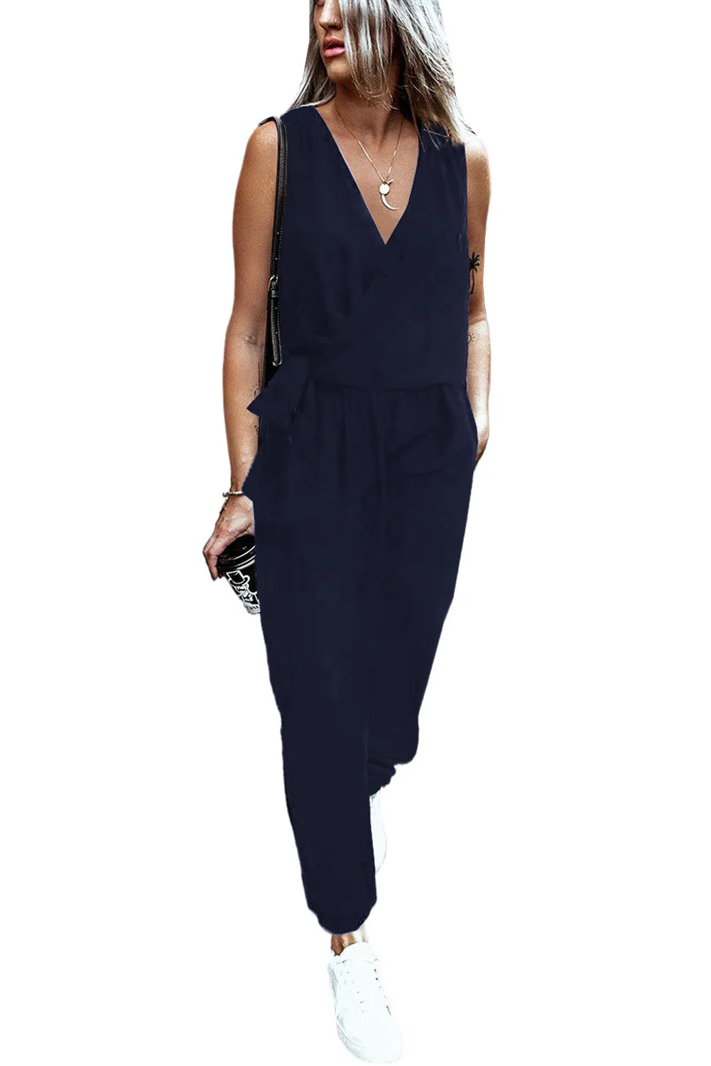 Deep V-Neck Sleeveless Solid Jumpsuit